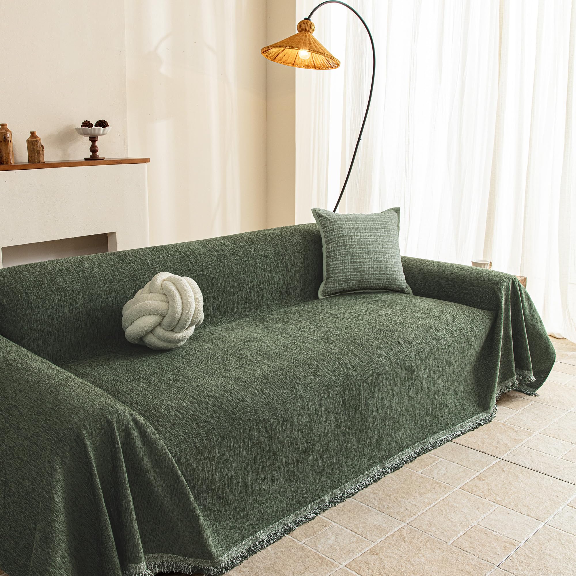 Olivgrün Sofa Protector Cover Überzug Sofaüberwurf in Unifarbe Sofabezug Couch Cord Chenille 230x340cm für 2/3/4 Sitzer U/L Form Bett Schonbezug Sofaschutz Hund Katze Kratzschutz Zum Schutz