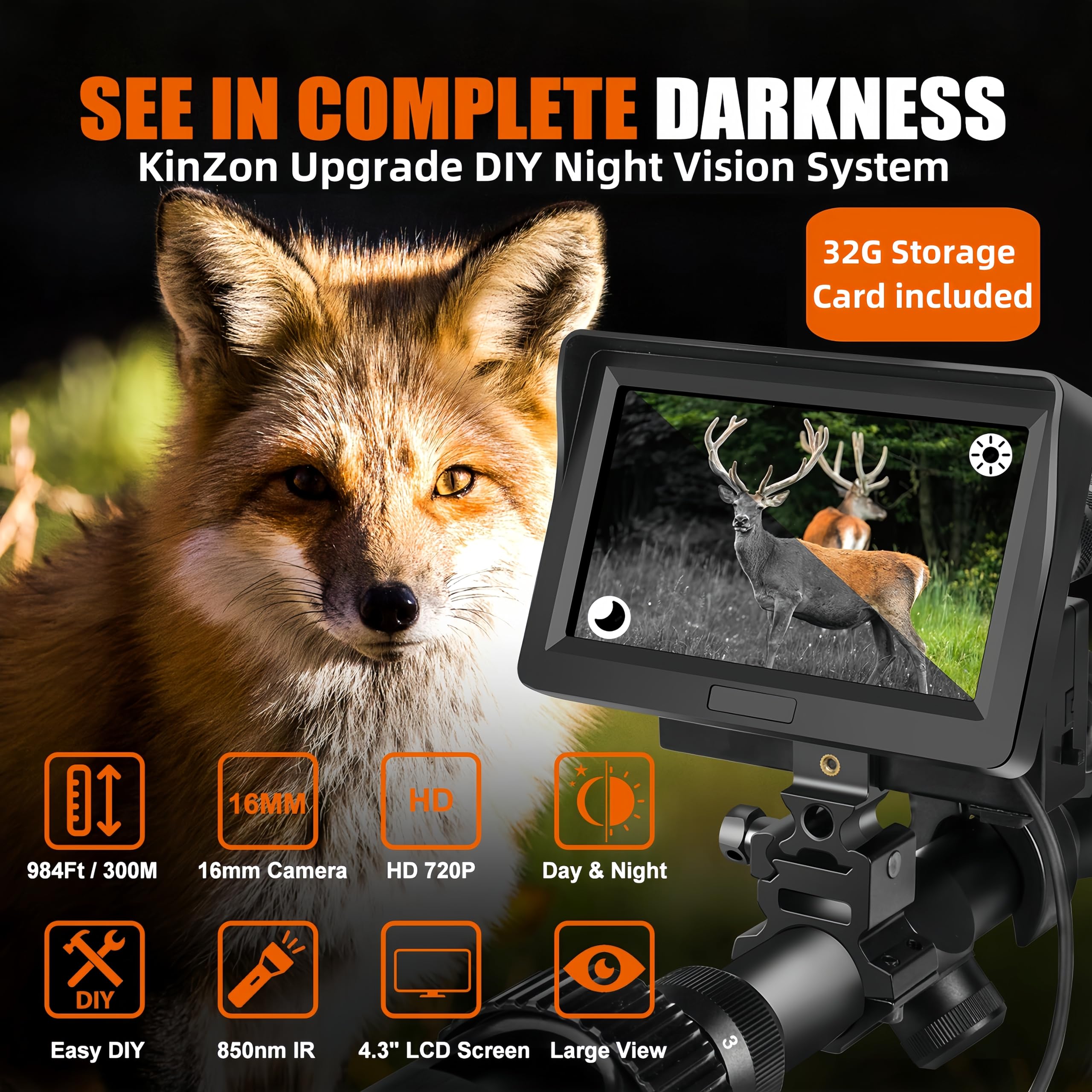 KinZon Lunette de Vision Nocturne HD de Chasse Professionnelle, Carte SD 32G Incluse, Infrarouge HD 720P avec écran de 4,3 Pouces.