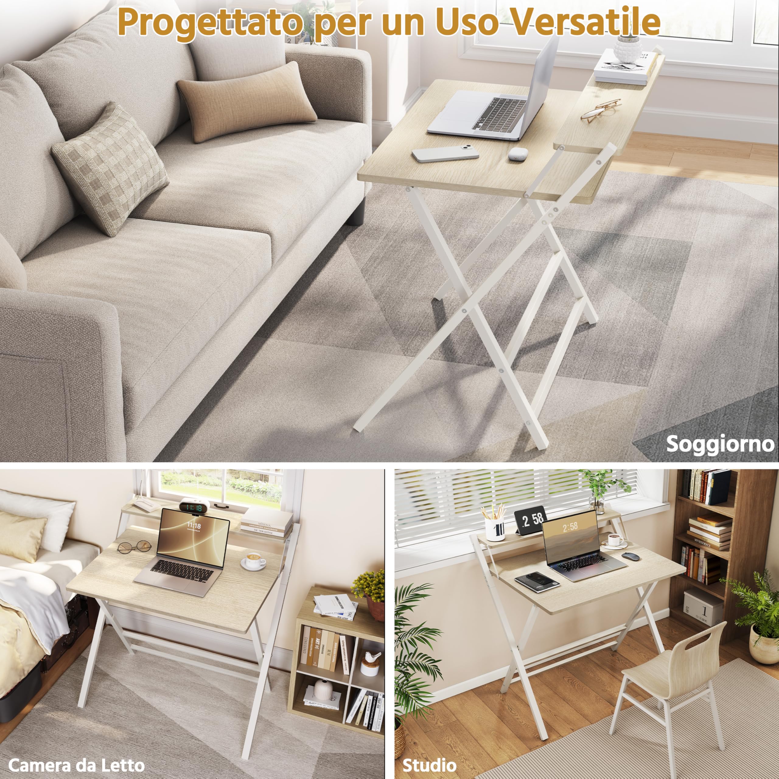 Yaheetech Scrivania Pieghevole per Computer a 2 Livelli 80 cm Tavolo Pieghevole in Legno Moderno Design Scrivania Salvaspazio Compatto Tavolino con Ripiano per Monitor Legno Chiaro