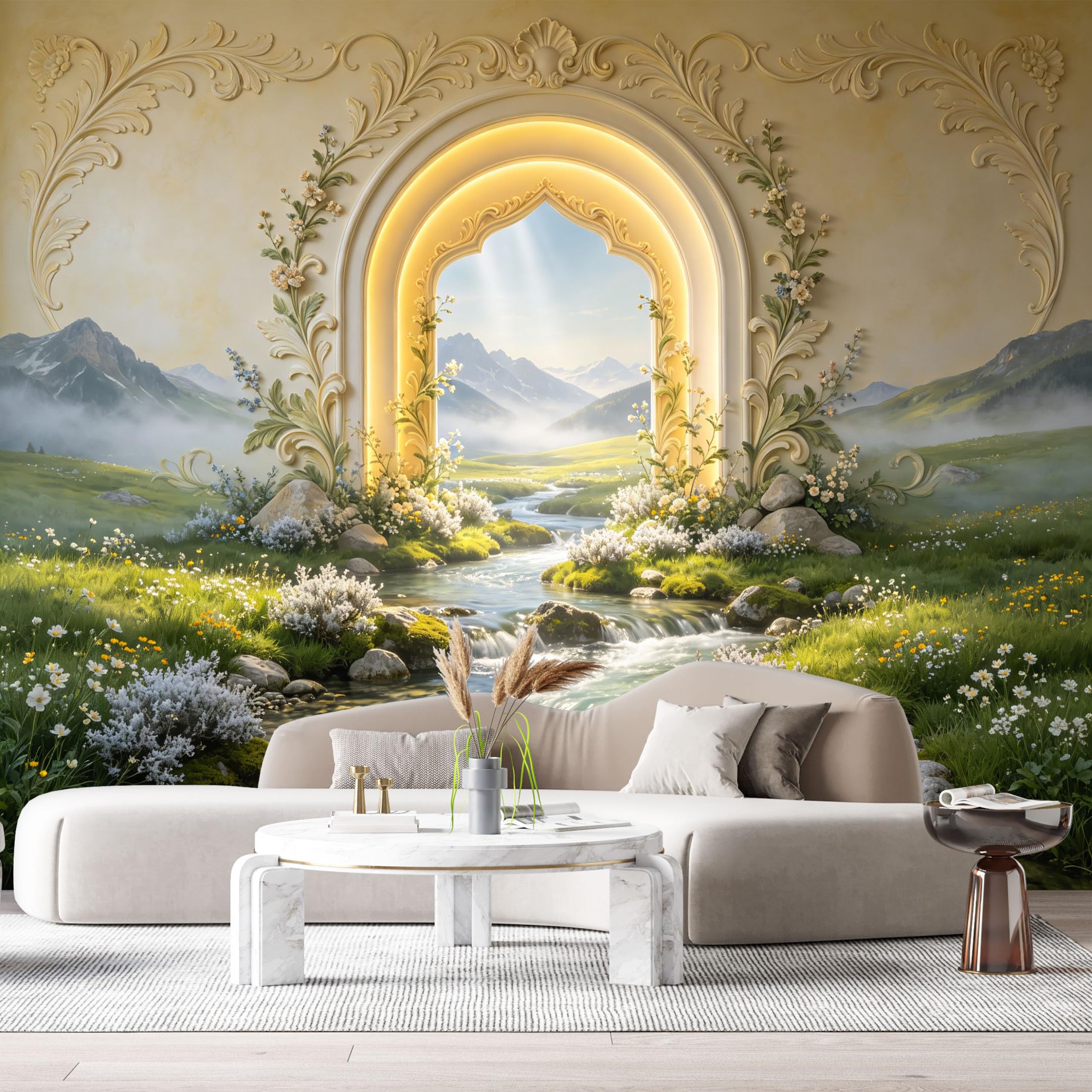 Custom Size Wall Murals Fantasy Landscape Mountain Stream 3D Trompe L'Oeil SelfAdhesiveWall Fabric Removable Wallpaper Wall Decor for Living Room Bedroom Bathroom