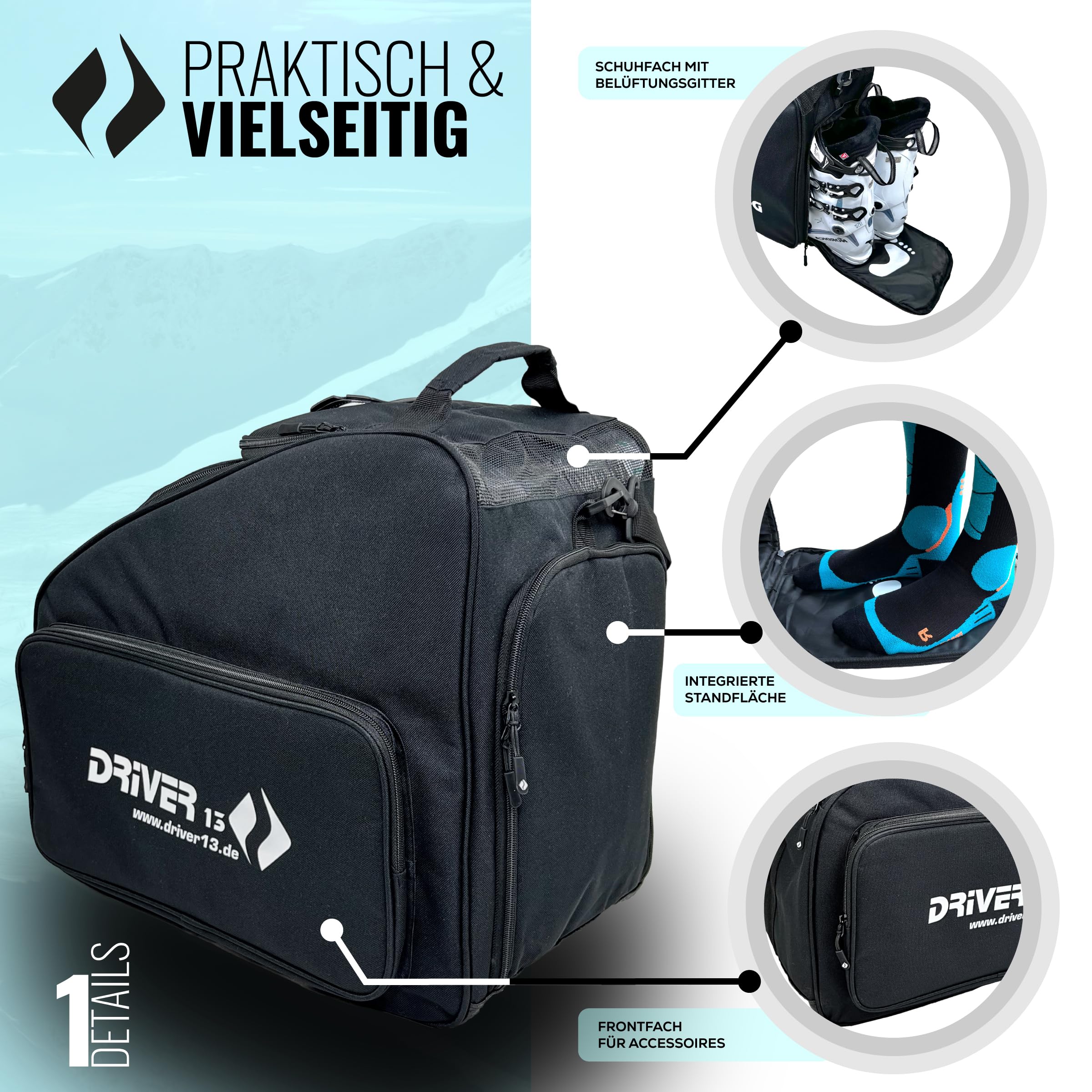Driver13 Bolsa para Botas de esquí con Compartimento para Casco, Negro