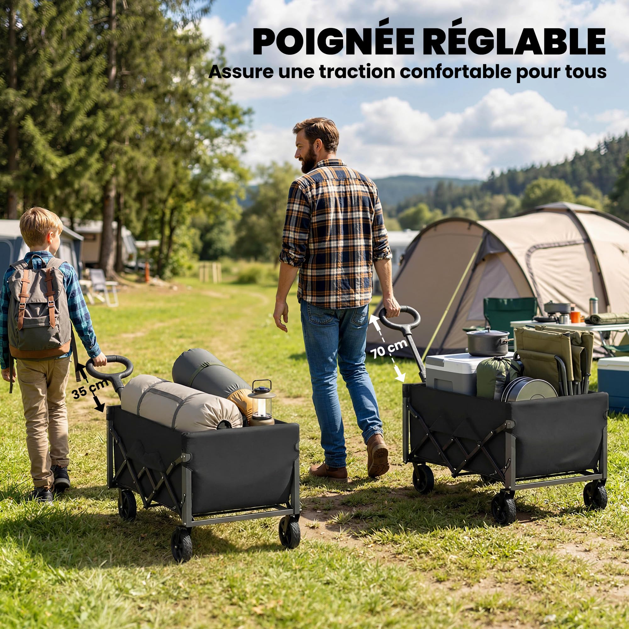 Outsunny Chariot de Transport Pliable, 60L, Charge 150 kg, Porte Arrière Rabattable, Roues Amovibles, Poignée Réglable, Porte-Gobelets, Chariot de Jardin Tout Terrain pour Plage Camping, Noir