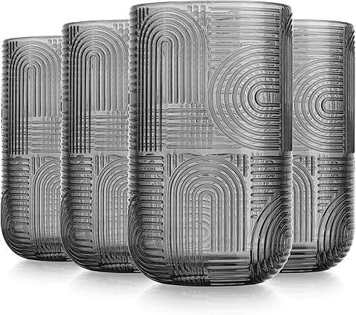 Miniatura 8 de Glaver's Juego de 4 vasos de whisky con diseño doble Old Fashioned de 13 oz. con grabado en rosa Art Deco de nueva generación, cristalería moderna