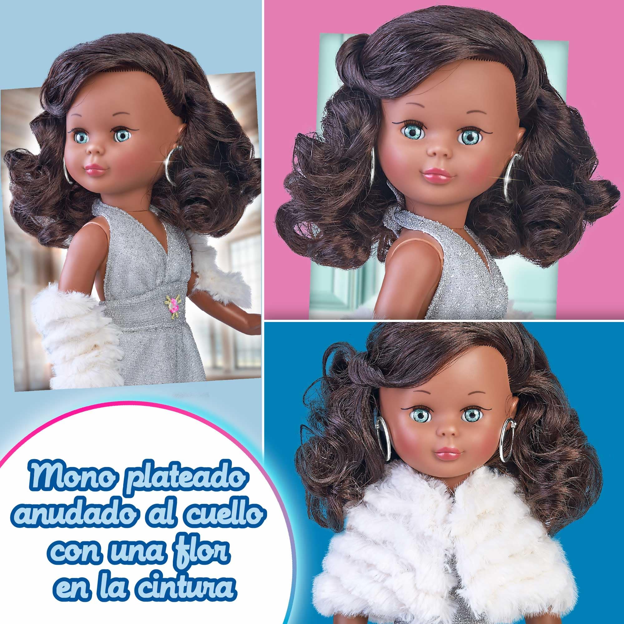 Nancy Colección Liceo Reedición de 1977, Muñeca de 42 cm con Mono Plateado Largo Anudado al Cuello, Luce una Media Melena Ondulada de Color Marrón Oscuro, Certificado Oficial, Famosa (NAL13000)