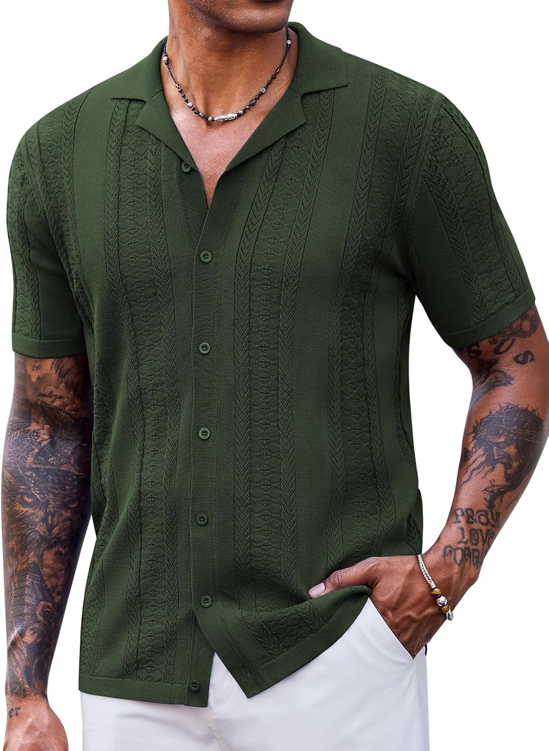 COOFANDY Men's Knit Shirts Vintage Short Sleeve Button Down Shirt Casual Summer Beach Shirt