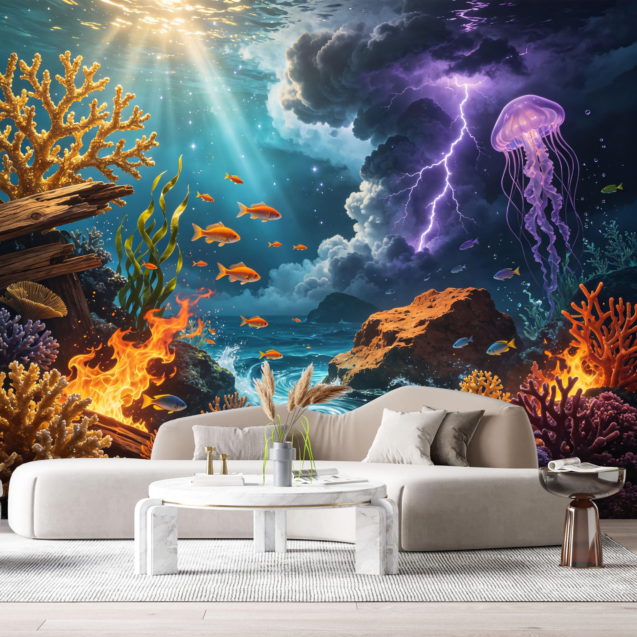 Custom Size Wall Murals Deep Sea Underwater Storm Jellyfish Coral Reef Ocean Marine 3D Trompe L'Oeil SelfAdhesive Wall Fabric Removable Large Wallpaper for Photo Living Room