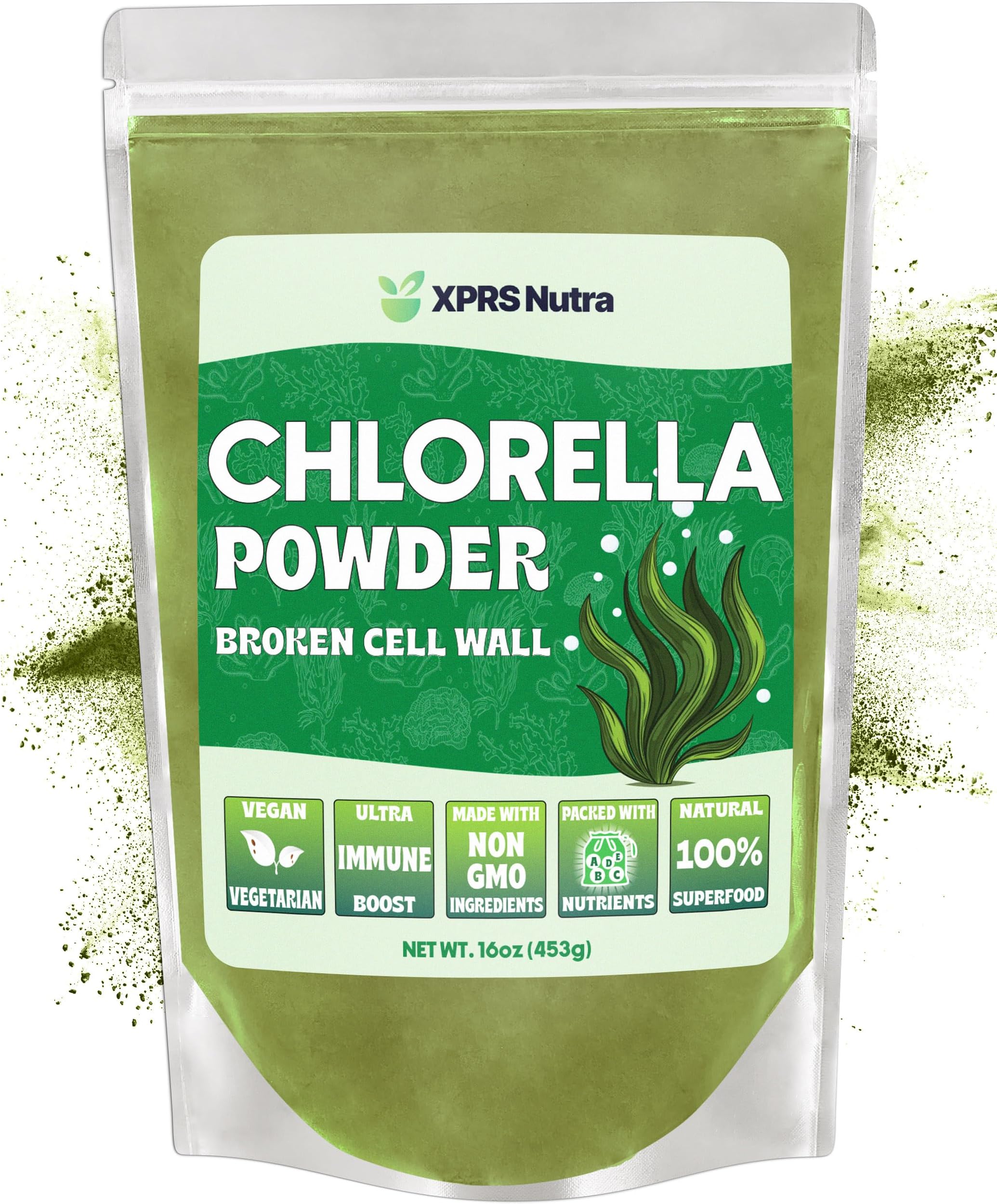 XPRS Nutra Chlorella Powder - Broken Cell Wall Chlorophyll Powder for Immunity - Vegan Friendly Chlorella for Complete Protein (16 Ounce)