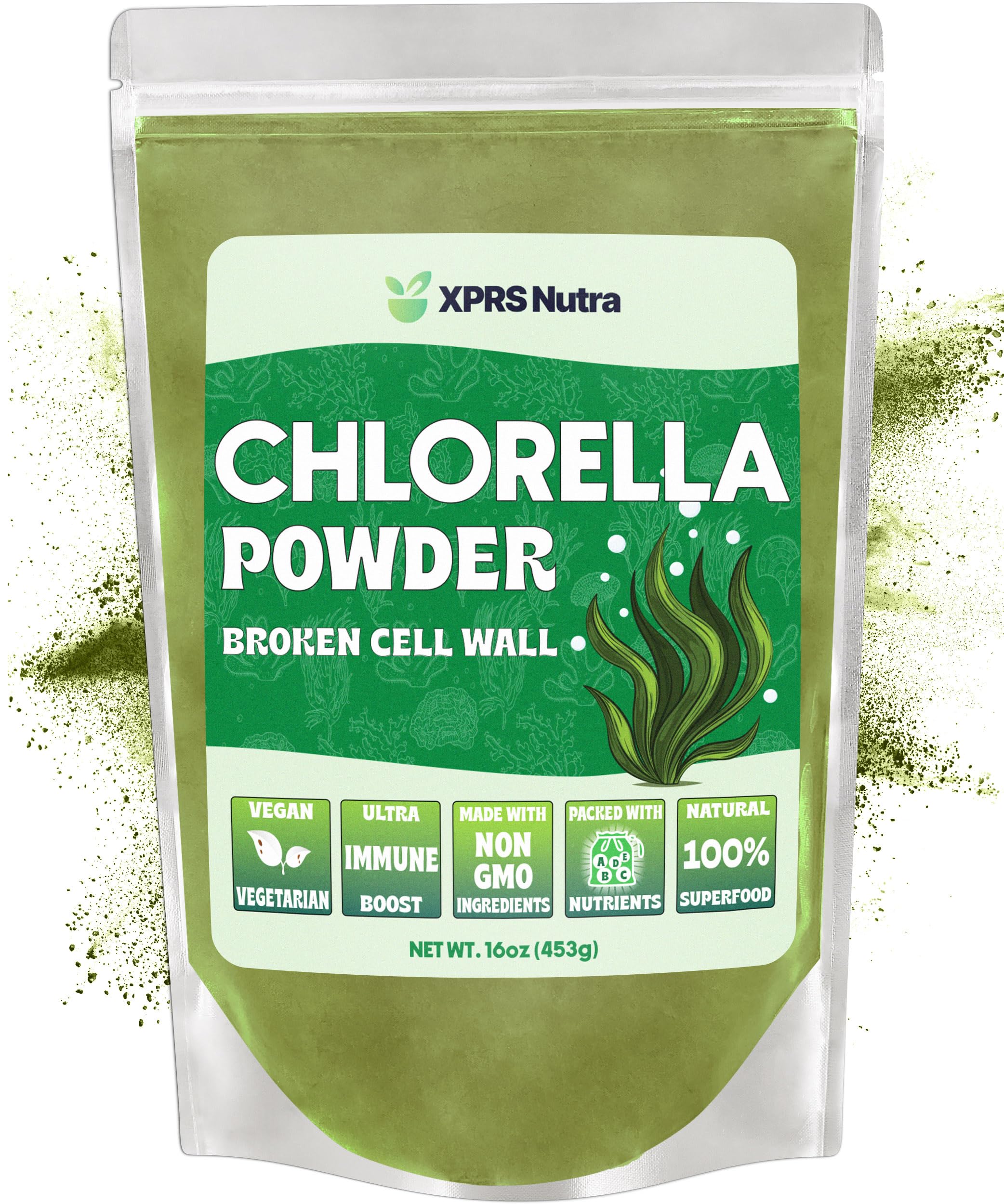 XPRS Nutra Chlorella Powder - Broken Cell Wall Chlorophyll Powder for Immunity - Vegan Friendly Chlorella for Complete Protein (16 Ounce)