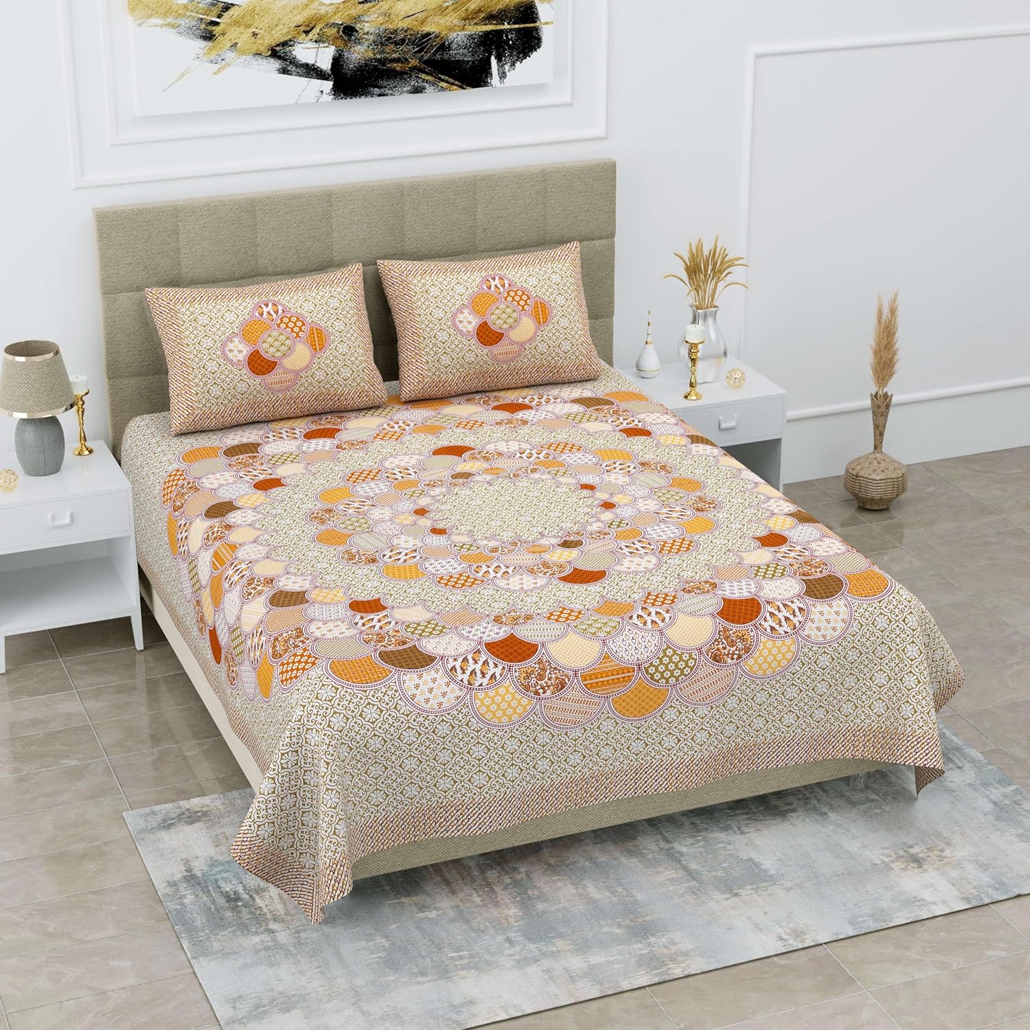 100% Pure Cotton Printed Bedsheet Set with Two Pillow Covers King Size 108 x 108 inch Double Bed Sheet (Design-29)