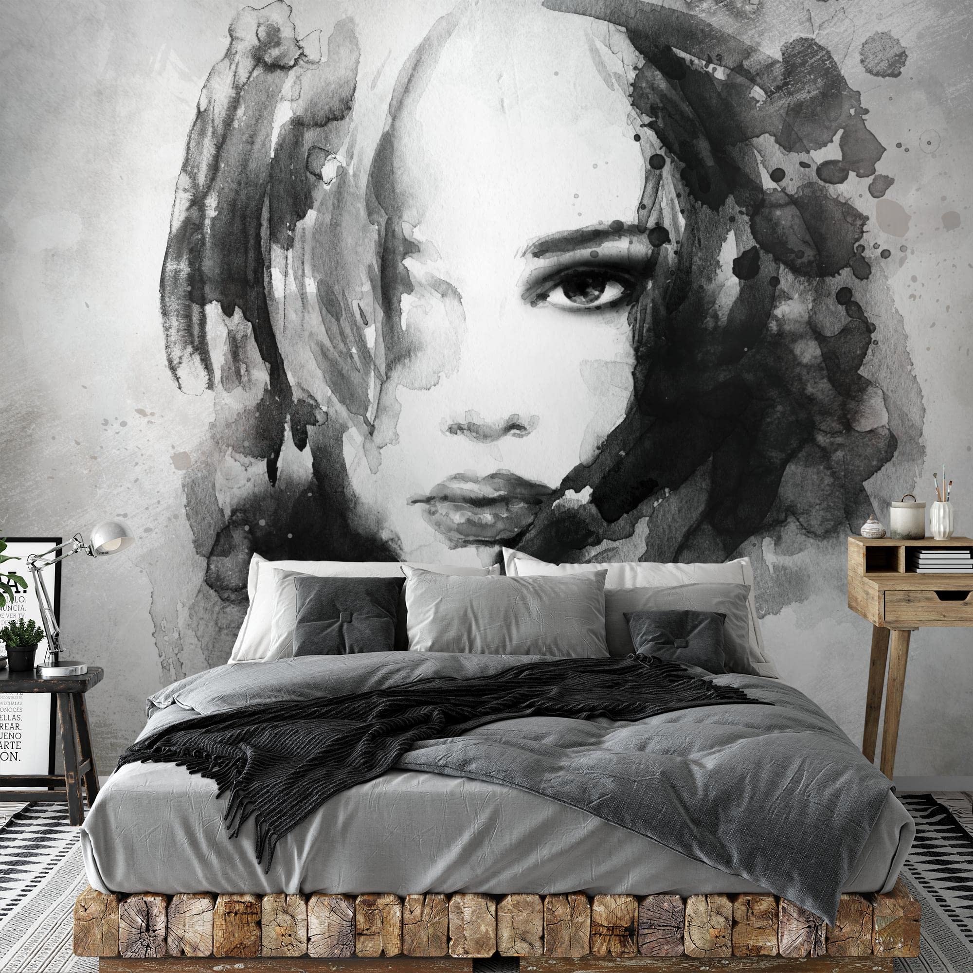 Runa Art Fototapet Mevrouw Painting 352 x 250 cm Fleece Tapet XXL Modern Vardagsrum Sovrum Zwart en wit 9493011c