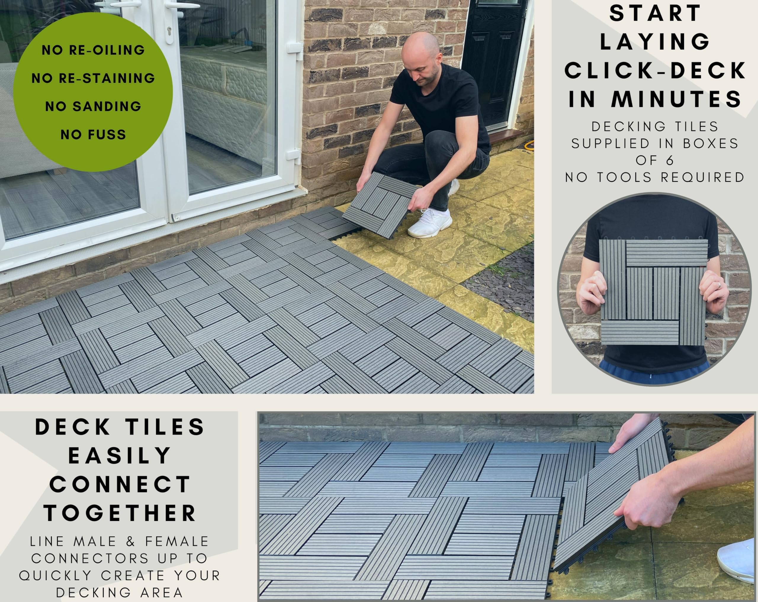 CLICK-DECK Piastrelle per pavimenti in composito | Per patio, balcone, cemento, vasca idromassaggio, pavimenti quadrati da 30 x 30 cm, facile installazione, bassa manutenzione, ottimo drenaggio (6