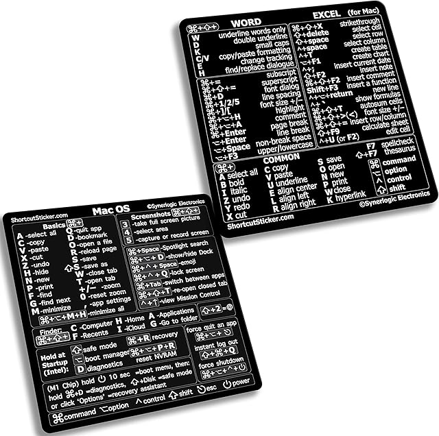 SYNERLOGIC Mac OS (M/Intel) + Word/Excel (for Mac) Quick Reference Keyboard Shortcut Stickers - for MacBook Air/Pro/iMac/Mac/Mini (Black, 1 Set)