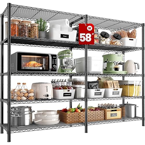 REIBII 58''W Storage Shelves Load 1400LBS Wire Shelving Unit 5 Tier Metal Shelving for Storage Rack Shelves for Storage Heavy Duty Garage Shelf Pantry Shelves Kitchen Shelving, 58''W*59''H*13.8" D