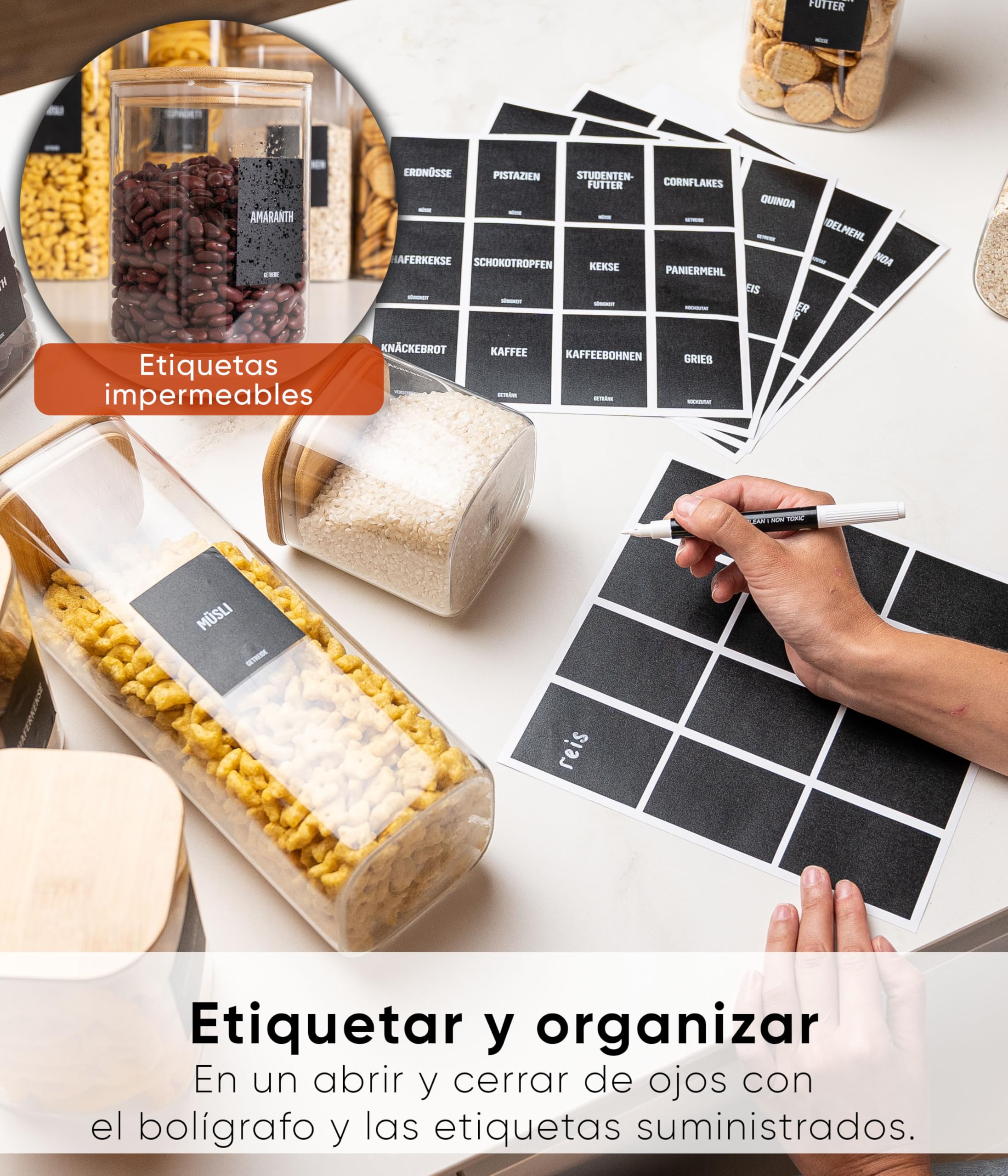 Deco haus® Tarros de Cristal con Tapa hermética, Juego de 8 [+ Etiquetas], Botes Cocina Almacenaje, Tarros Cristal con Tapa de Madera, Frascos de vidrio Apto para Harina, Café, Pasta
