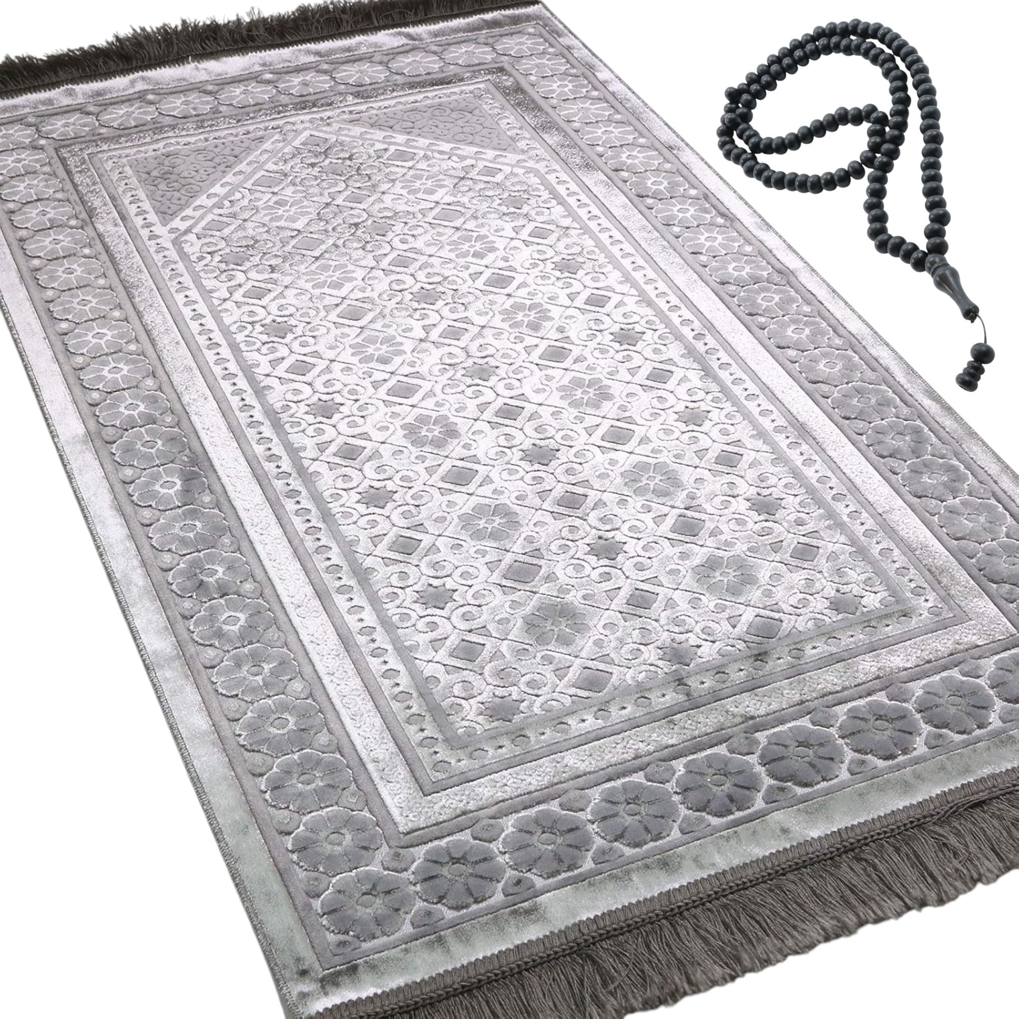 Modefa Velvet Prayer Rug - Soft Plush Turkish Janamaz Sajada Carpet for Men and Women - Plain Solid Prayer Mat Ramadan Eid Gift - with Prayer Beads - Luxury Floral Stamp (Silver Grey)