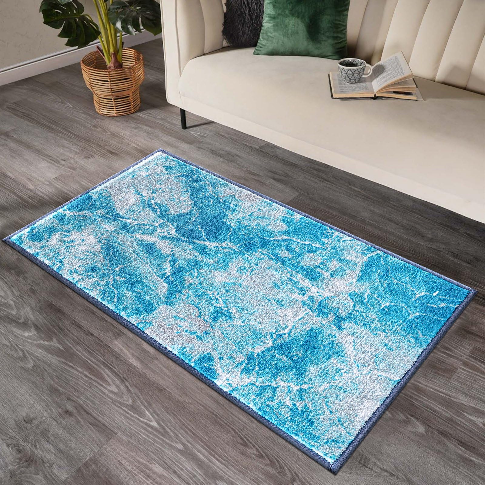 renoazul® Non-Skid Door Mat With Gel Backing - Marble Rug - 80 x 150 cm - Blue - Washable Low Pile Rug, Area Rugs - Ideal For Large Entrances And Welcome Mat.