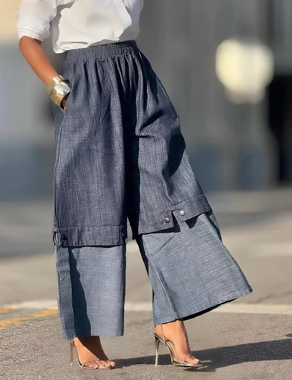 oshoplive Wide Leg Pants for Women Cotton Elastic High Waisted Patchwork Palazzo Trousers with Pockets Loose Fit Baggy Pant