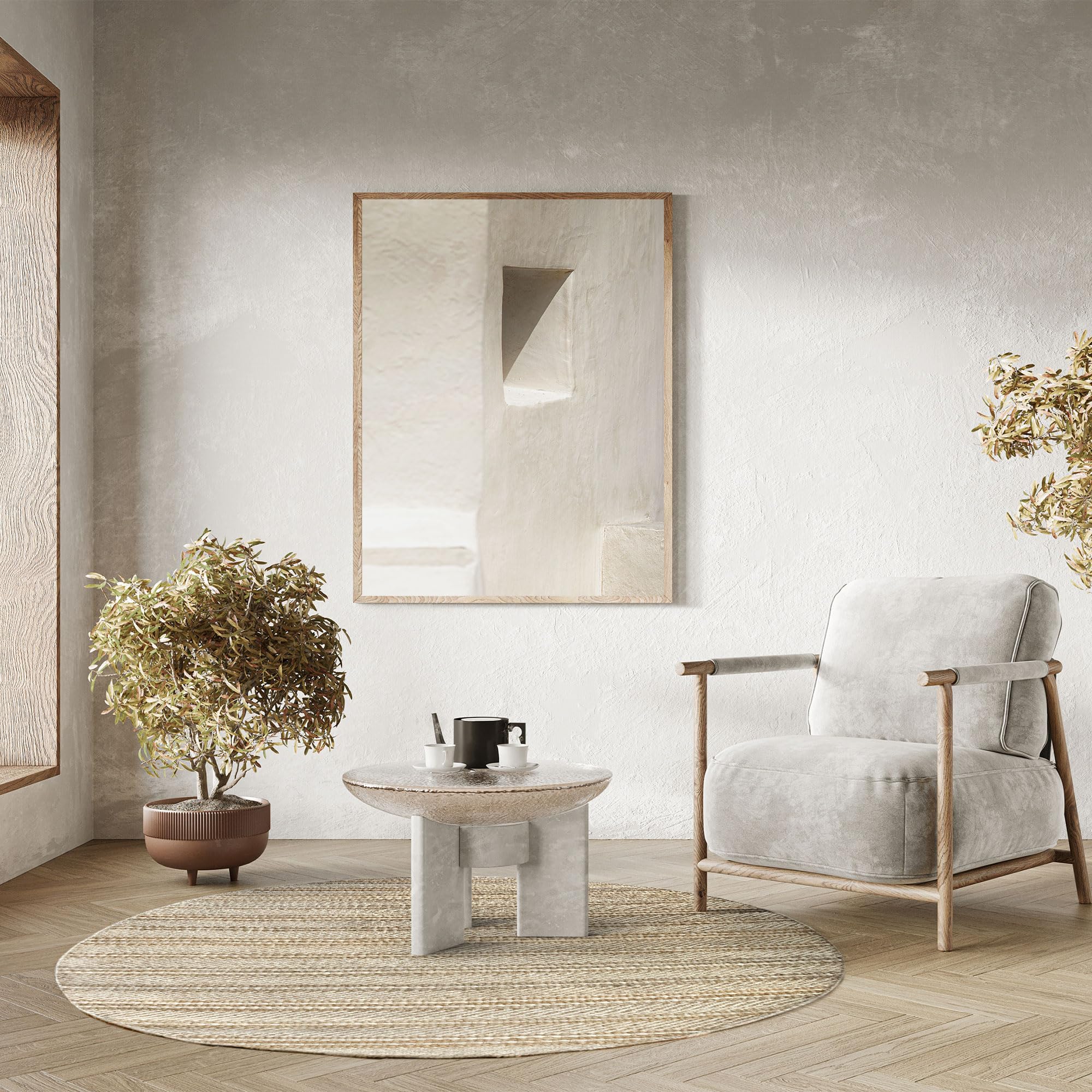 HAMID - Tapis en Jute Ronde de Laine Olivia, Tapis en Laine et Jute Ronde, Tissé à la Main pour Salon, Chambre, Salon, Couleur Blanc Naturel, (150x150cm)