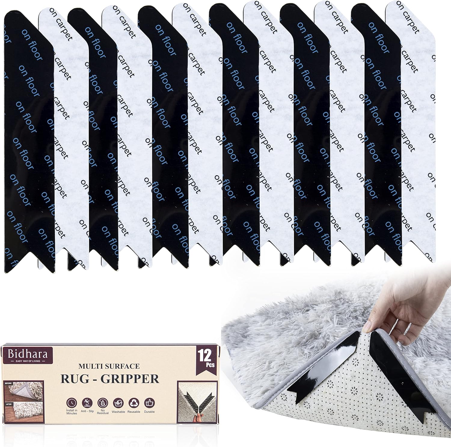 12 Pcs Rug Gripper, AntiSlip & Reusable Underlay Rug Grippers For