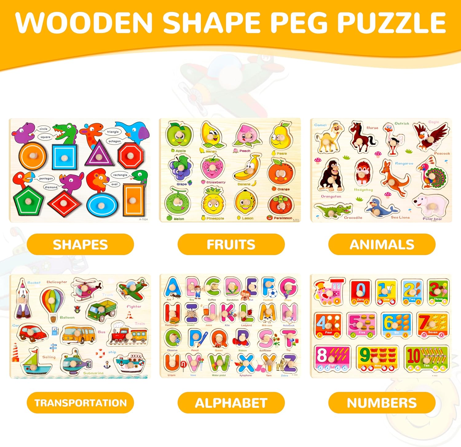 6 Pack Wooden Peg Puzzles Set for Toddlers 3 4, Preschool Educational Pegged Knob Puzzle Toy Wooden Learning Toys for Baby Boys and Girls Age 3-4