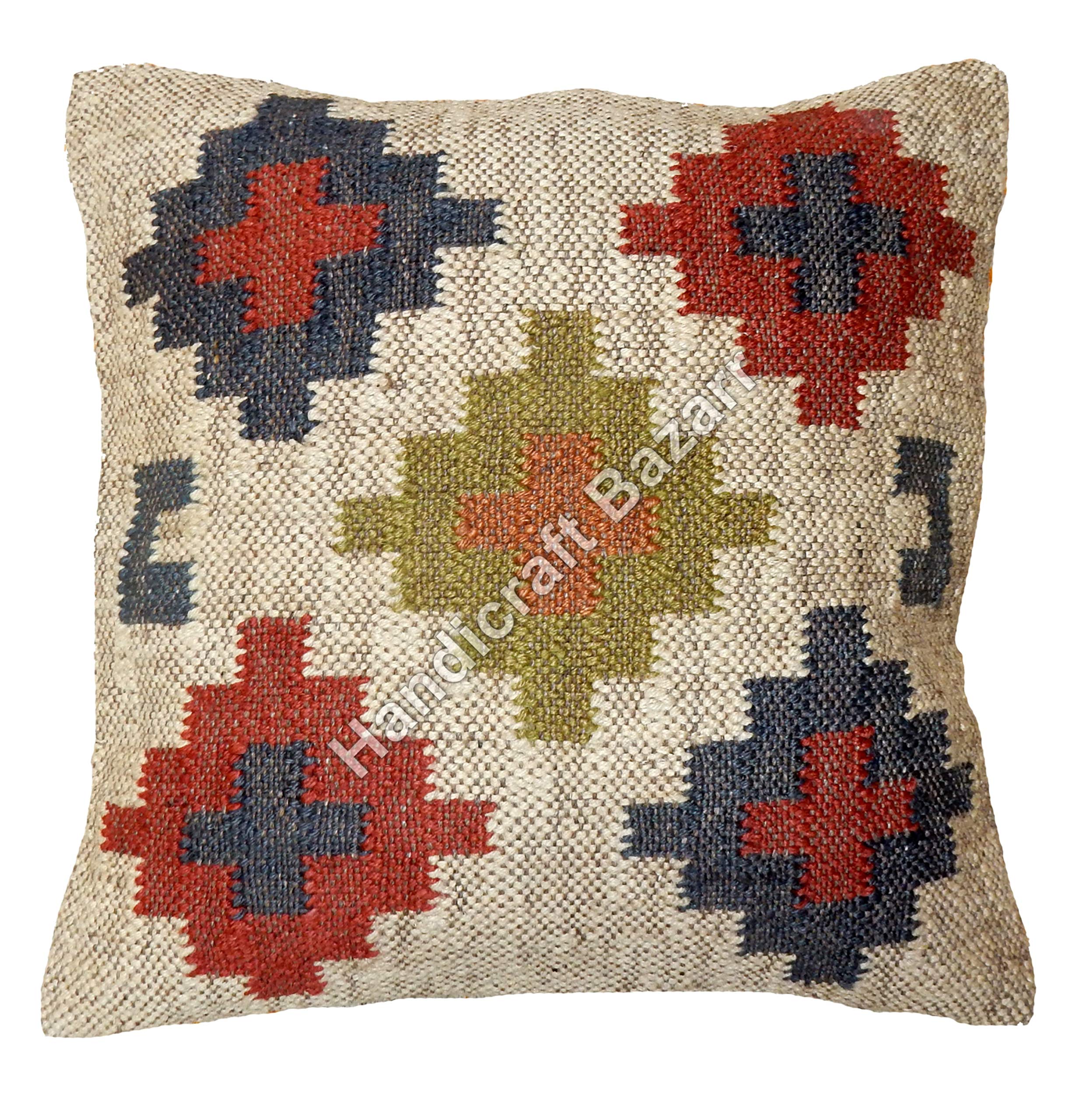 Designer Wool Jute Pillow Cover 18X18 Inch Handwoven Colorful Square Kilim Cushion Case Living Room Sofa Pillow Sham (Multicolor)-picture-18