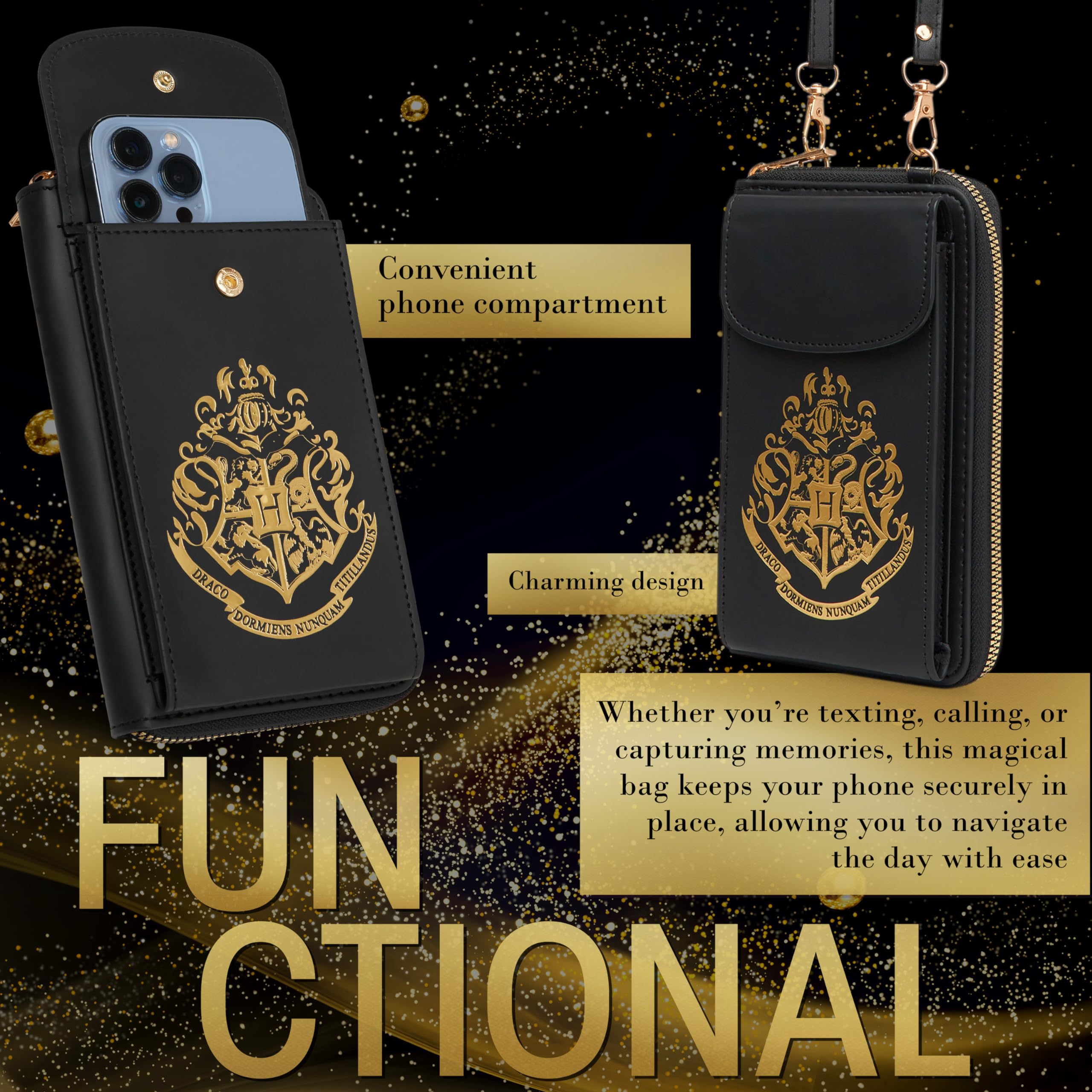 Harry Potter Torba na telefon crossbody dla dziewcząt, nastolatków, z przegródkami na karty, przegródka na zamek błyskawiczny, regulowany pasek, mała torebka na podróż, prezent dla dziewcząt