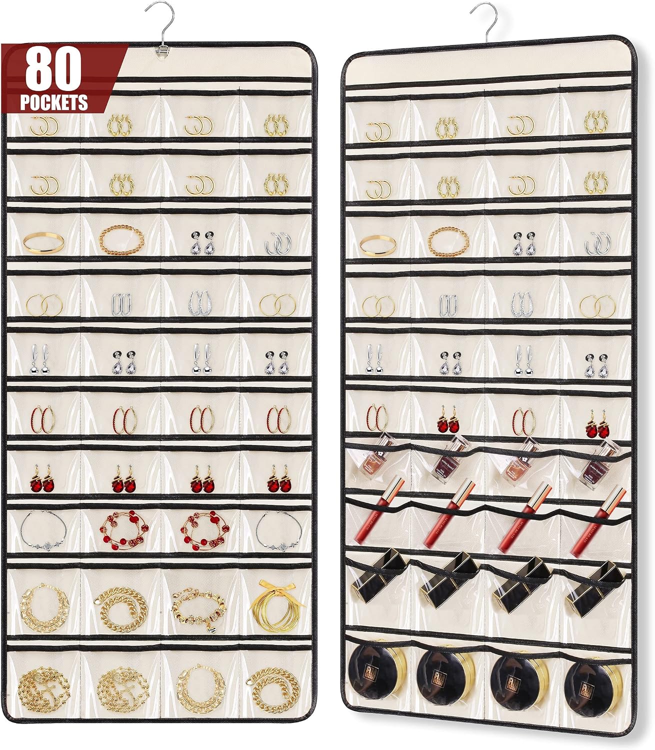 MISSLO 80 Pockets Hanging Jewelry Organizer Dual-Sided Earring Holder Organizer Storage for Hang Necklace Bracelet Ring with Rotating Hanger on Closet, Wall, Door, Beige