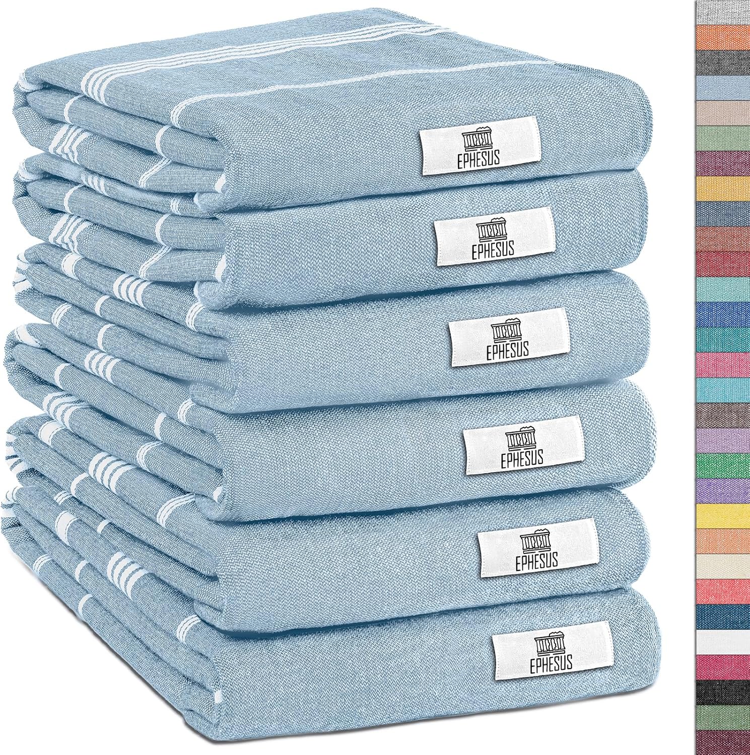 EPHESUS TOWELS Turkish Hand Towels - Set of 6 | 18" x 30" - Decorative Boho Turkish Hand Towel for Bathroom, Kitchen, Guest, Face, Hair, Tea, Dishcloth (Sultan, Baby Blue)