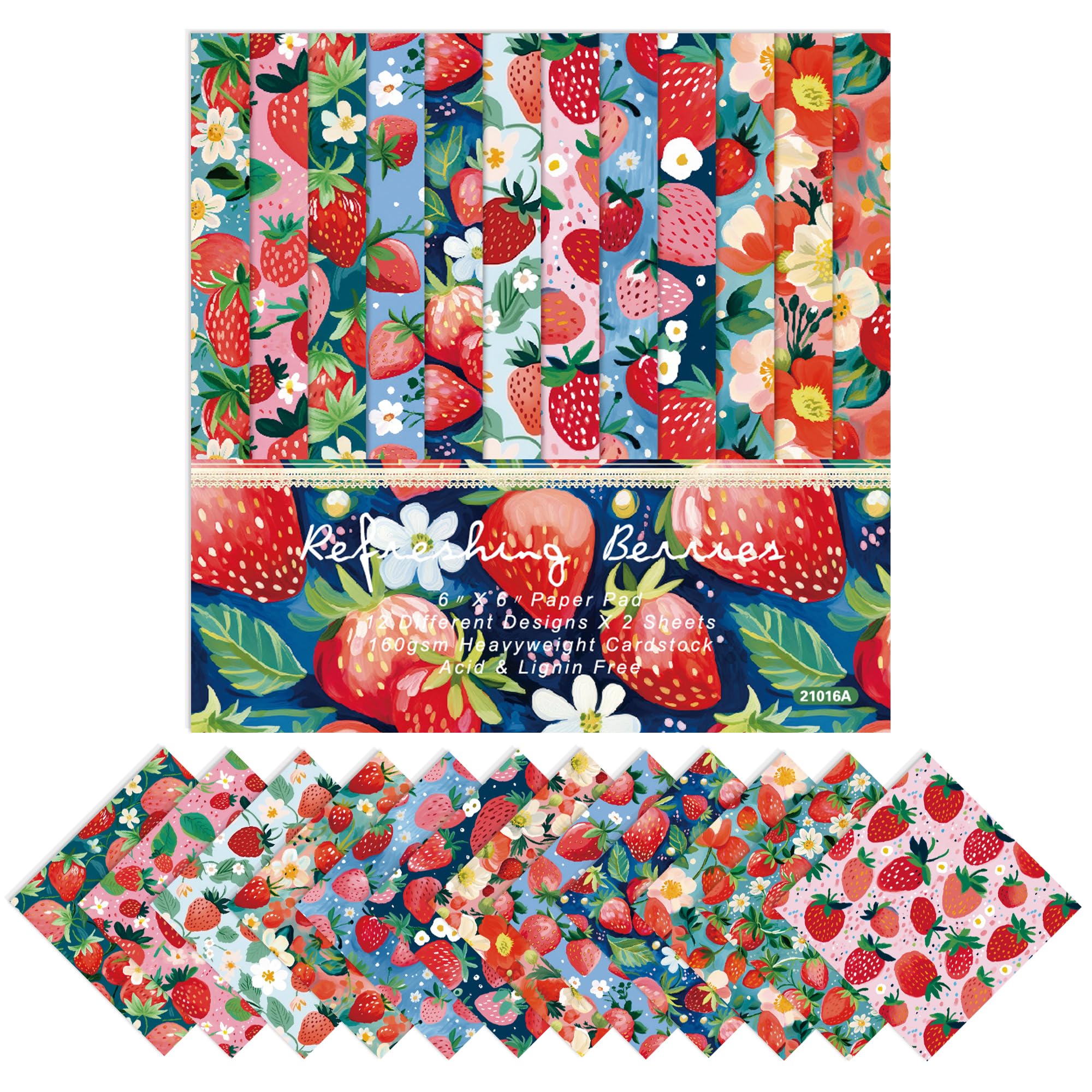 XMBHHRM Fruit Themed Scrapbook Paper, 24 Sheets Summer Single -sided Pattern Papers 160GSM Square Decorative Cardstock Paper for Scrapbooking DIY Junk