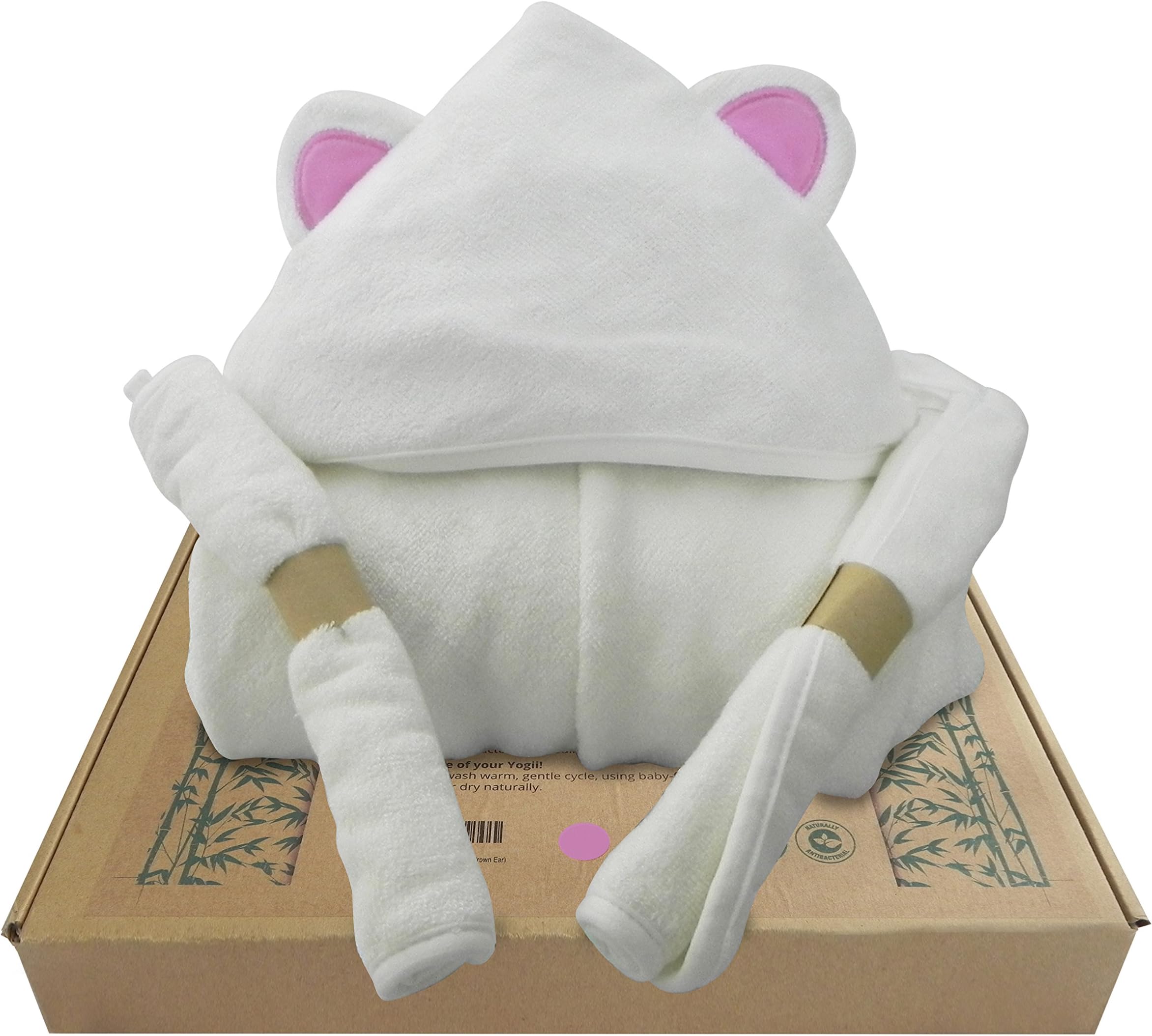 Luxury Hooded Baby Towel & Washcloths (Pink Ear) | 3-Piece Set | 500GSM Thick | 100% Bamboo Baby Towels | for Infant, Toddler, and Newborn Kids | Great Gift for Girls at The Beach or Pool