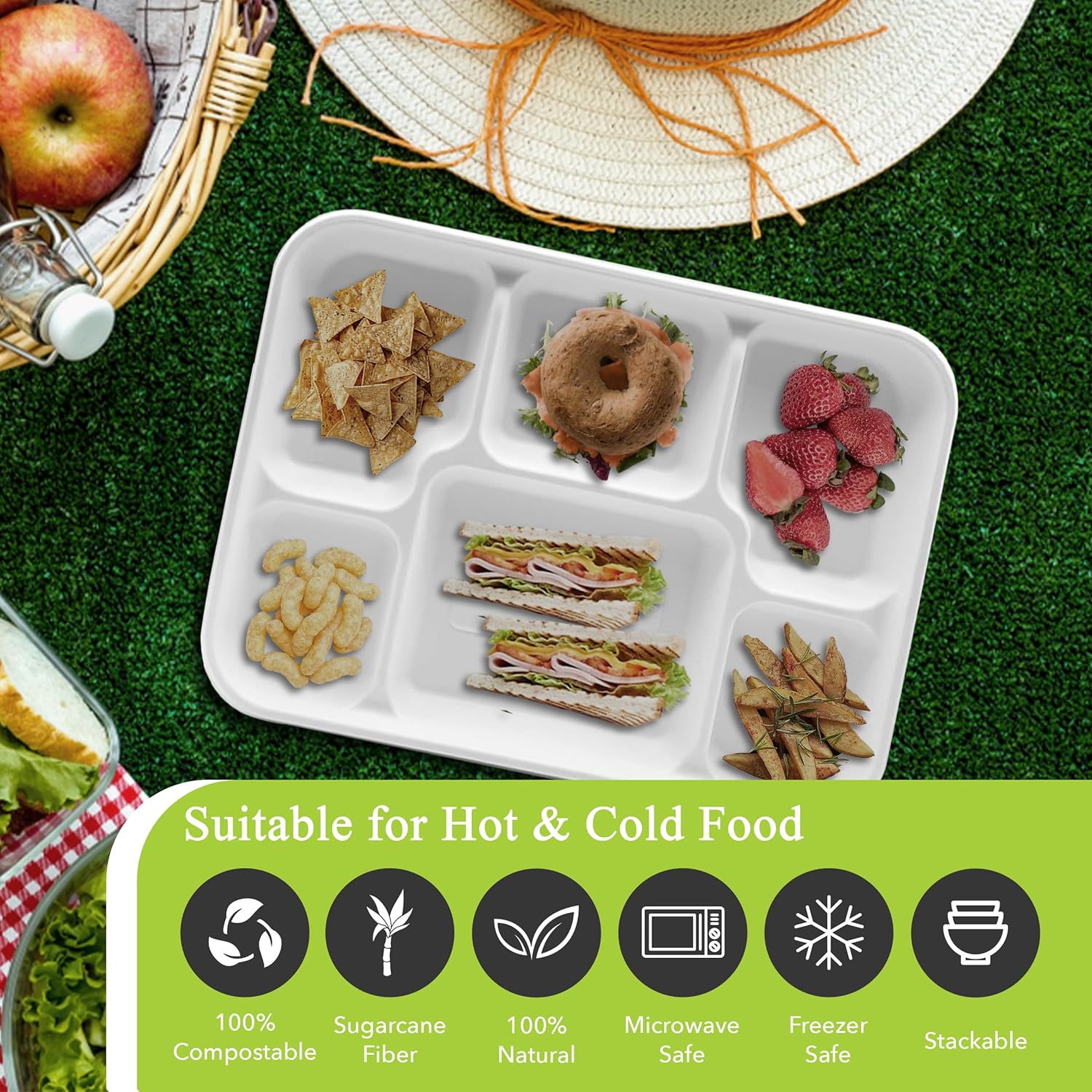 three leaf 6 Compartment Bagasse Tray 50 Ct. Heavy Duty, Super Strong,Eco Friendly Disposable Bagasse Plates,100% Biodegradable Plates, Microwave and Freezer Safe, Ideal for Party, Dinner and Picnic
