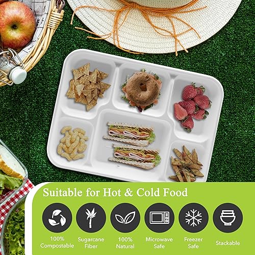 Miniatura 52 de three leaf 6 COMPARTMENT BAGASSE TRAY 400 Ct. Heavy-Duty- Super Strong- Natural- Eco-Friendly Disposable Bagasse Plates, 100% Biodegradable 6