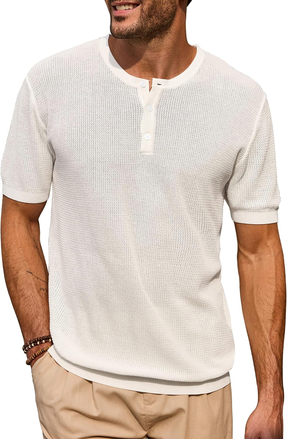Herberton Men's Knitted Henley Shirts Hollow Out Mesh Breathable Summer Linen Blend Tshirt (S-XXL)