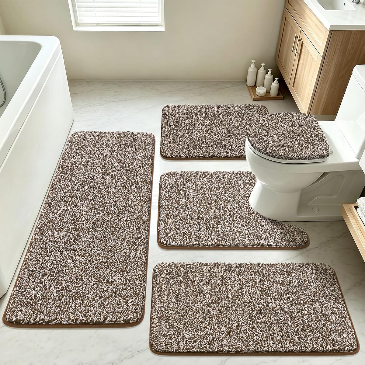 U'Artlines Bathroom Rugs Set 5 Piece, Non Slip Washable Bath Mats | Brown and White, Soft Absorbent Microfiber Bath Rug with Runner, U-Shaped Toilet Cover, Lid Cover for Tub Decor