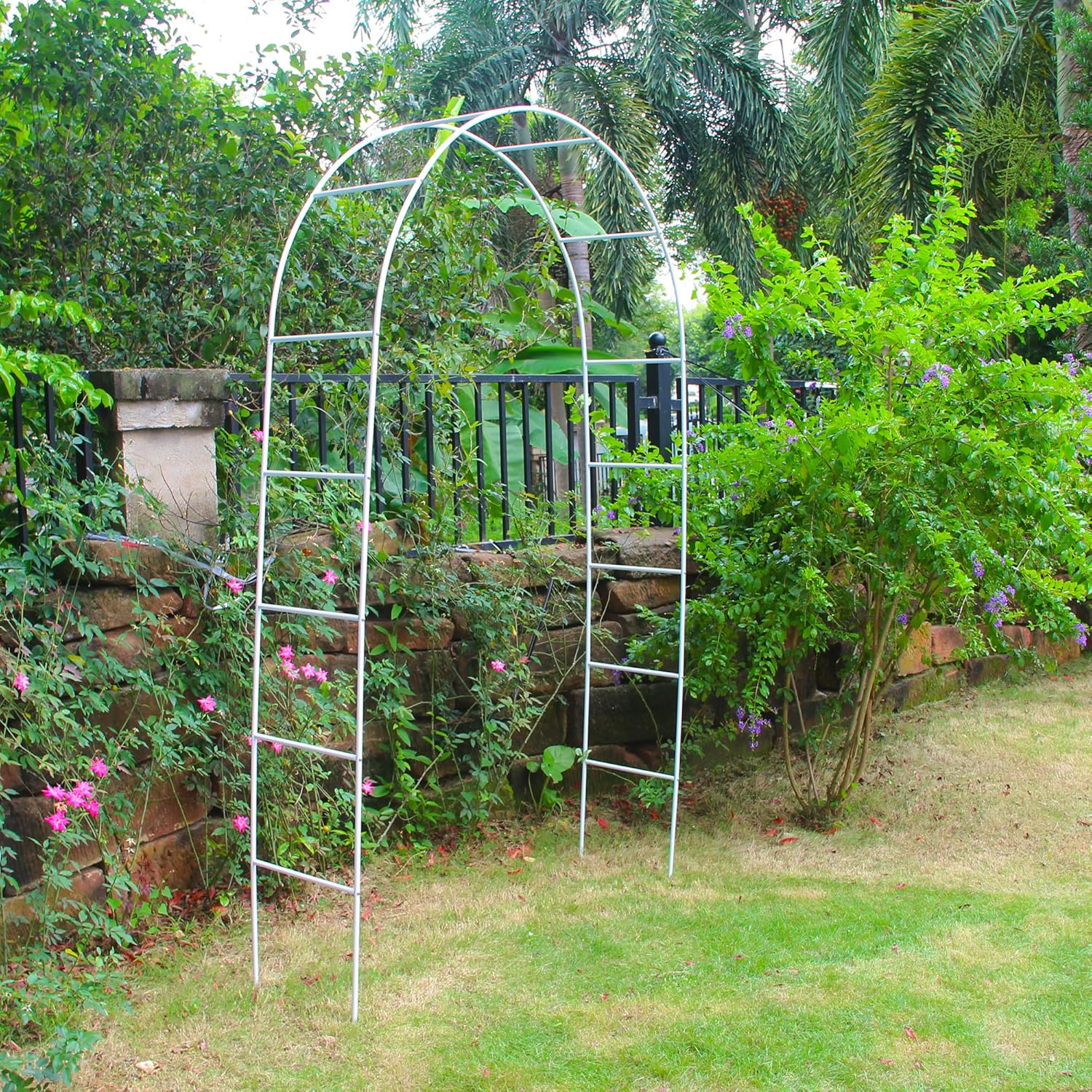 White Iron Pergola Arbor Practical, 7.9 Feet High x 4.6 Feet Wide, Assemble Easily for Various Climbing Plant Wedding Garden Arch Bridal Party Decoration Wide Arbor