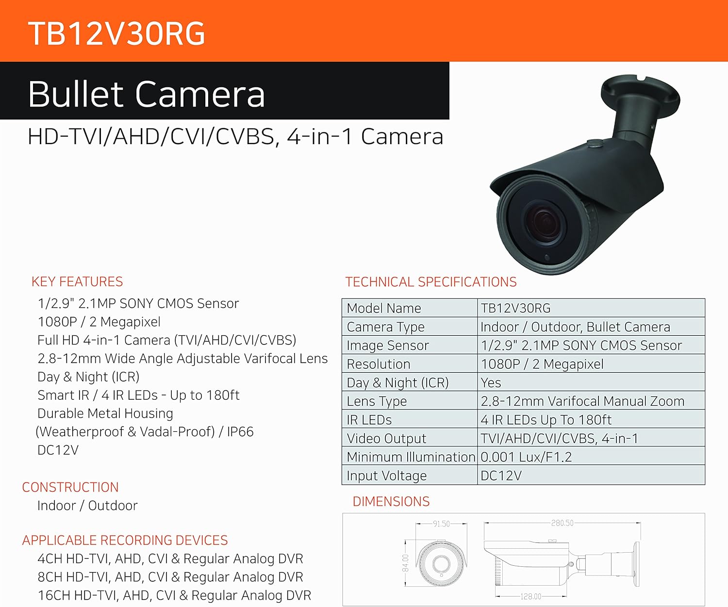 Exсluѕіvе Sресіаl VIEWISE Analog Full HD 1080P 2Megapixel Bullet Camera, Indoor / Outdoor Surveillance Security Camera Video Monitoring Night Vision 4-in-1 HD-TVI, AHD, CVI, CVBS camera 2.8-12mm Varifocal Lens