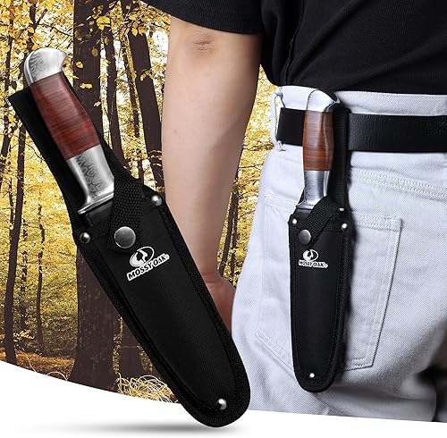 Miniatura 9 de Mossy Oak Cuchillo Bowie de hoja fija, cuchillo de caza de 2 piezas con mango de cuero con patrón láser, funda incluida