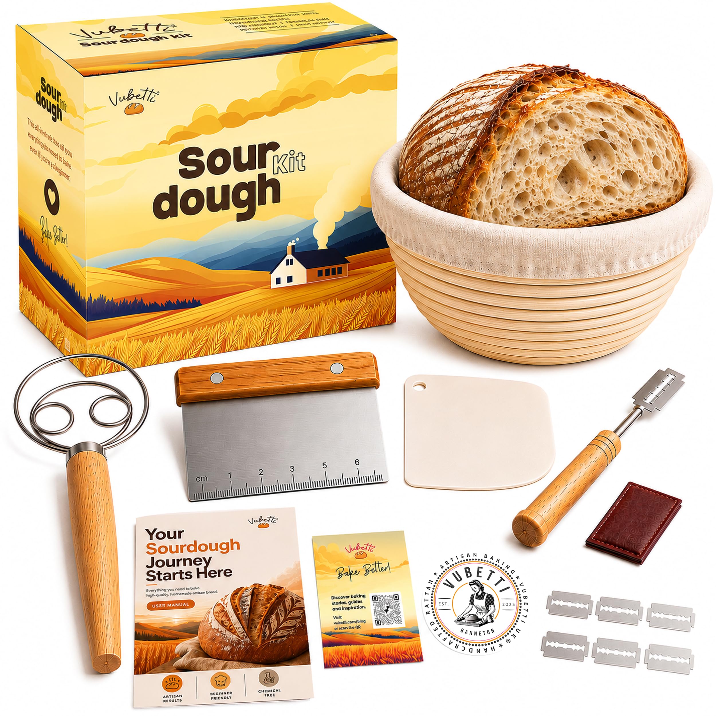 Sauerteig-Starter-Set für handwerkliches Backen, komplettes Set mit 22,9 cm Gärkorb, unverzichtbares Backzubehör, Rezeptheft und Leinentuch, ideal für Hobbybäcker