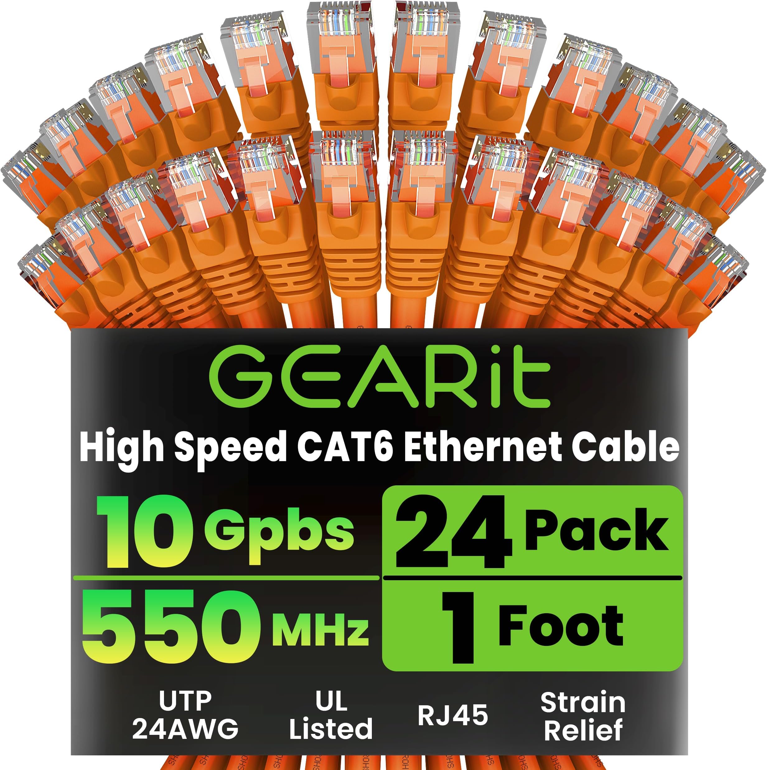 Cat 6 Ethernet Cable (24-Pack 1 Foot) Cat6 Network Patch, 10Gbps, RJ45, Snagless Cord, Gold-Plated Connectors, Internet for PC, TV, Tablet, Router, Printer, Servers, IT Data Center - Orange