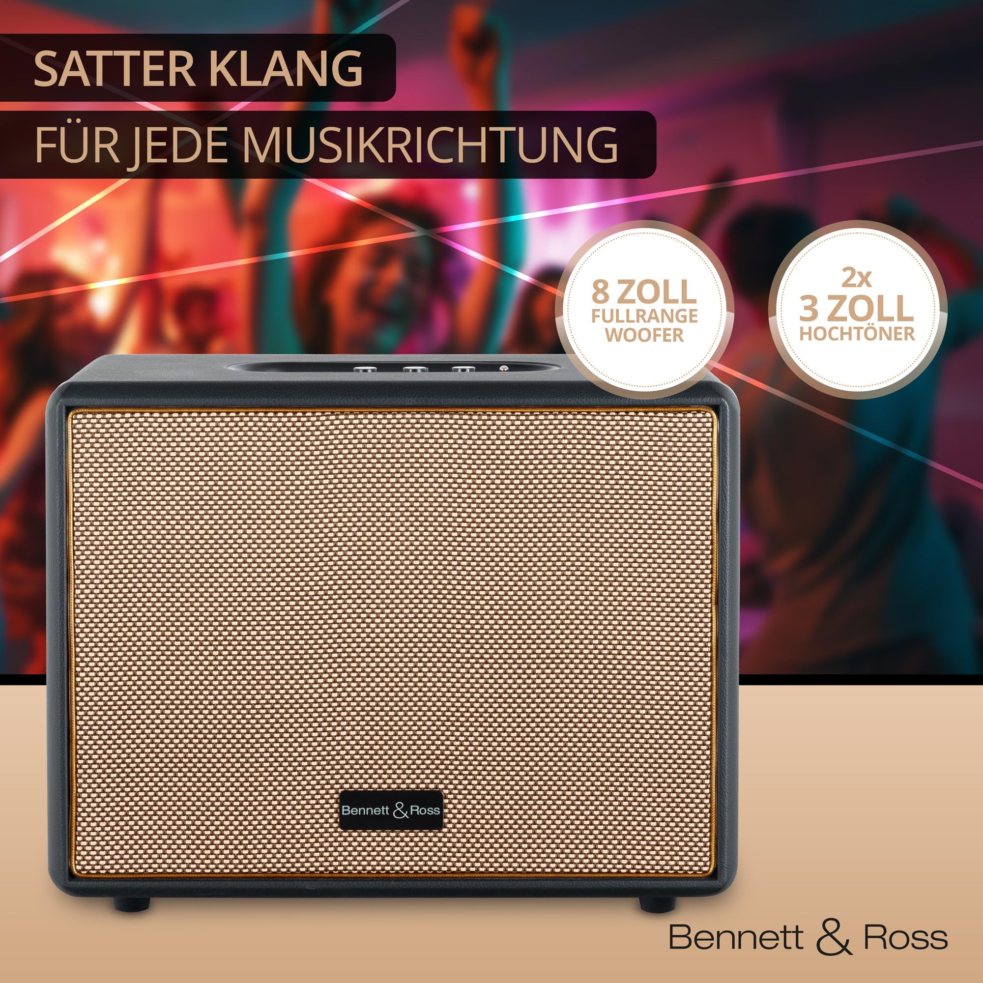 Bennett & Ross BB-880BK Blackmore Giant - Retro Bluetooth Lautsprecher in Lederoptik - TWS-Funktion - Vintage Speaker mit 2X 40W Leistung - USB-Eingang mit MP3-Player - Aux-Anschluss - Schwarz