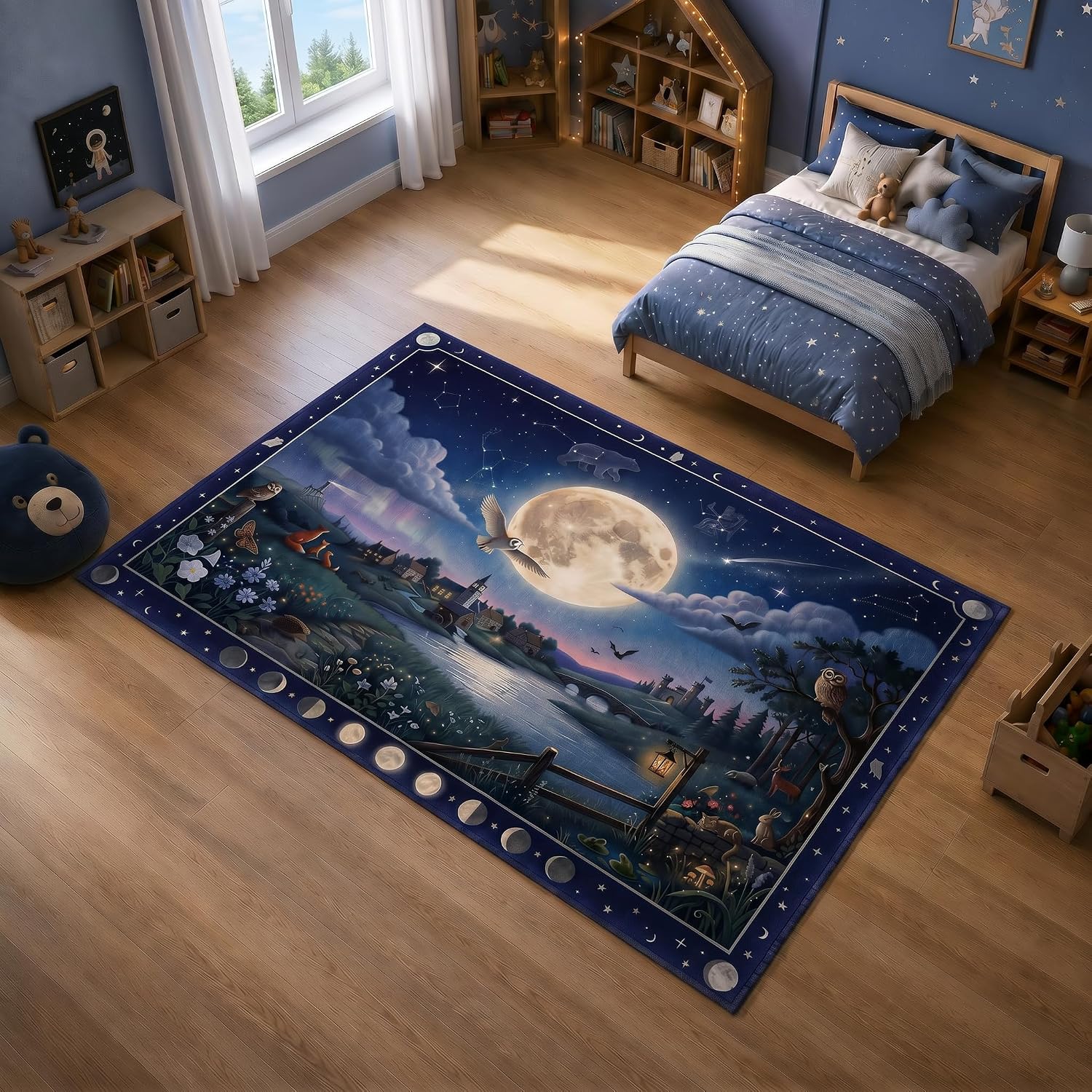 Magical Night Sky Kids Rug 5x7ft - Moonlit Village Area Rug, Educational Celestial Play Mat,Soft Low Pile Carpet for Nursery, Bedroom, Playroom