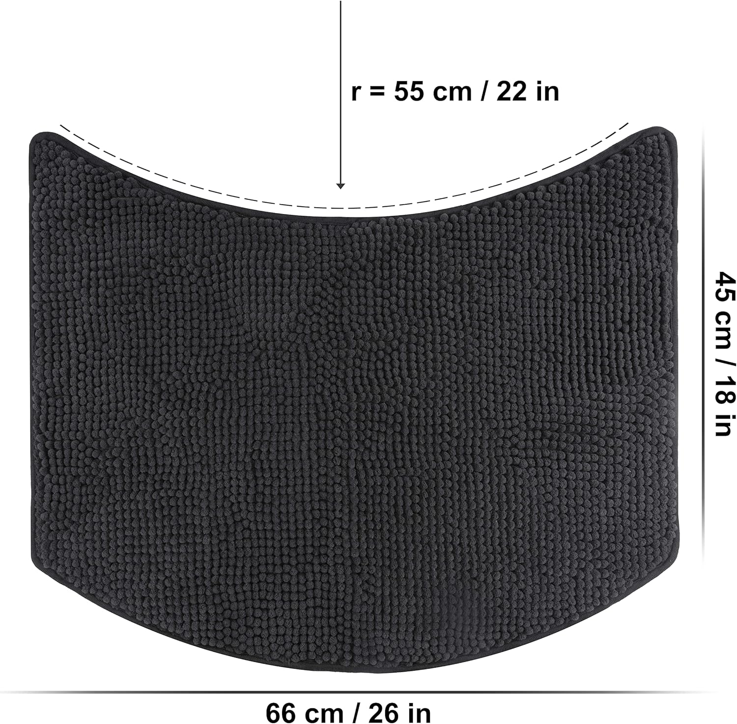 fluffy Bath Mat for Round Showers, Made of Chenille, with Non-Slip Bottom (Small Curve | Shower Radius 21 5/8 inch, Anthracite)