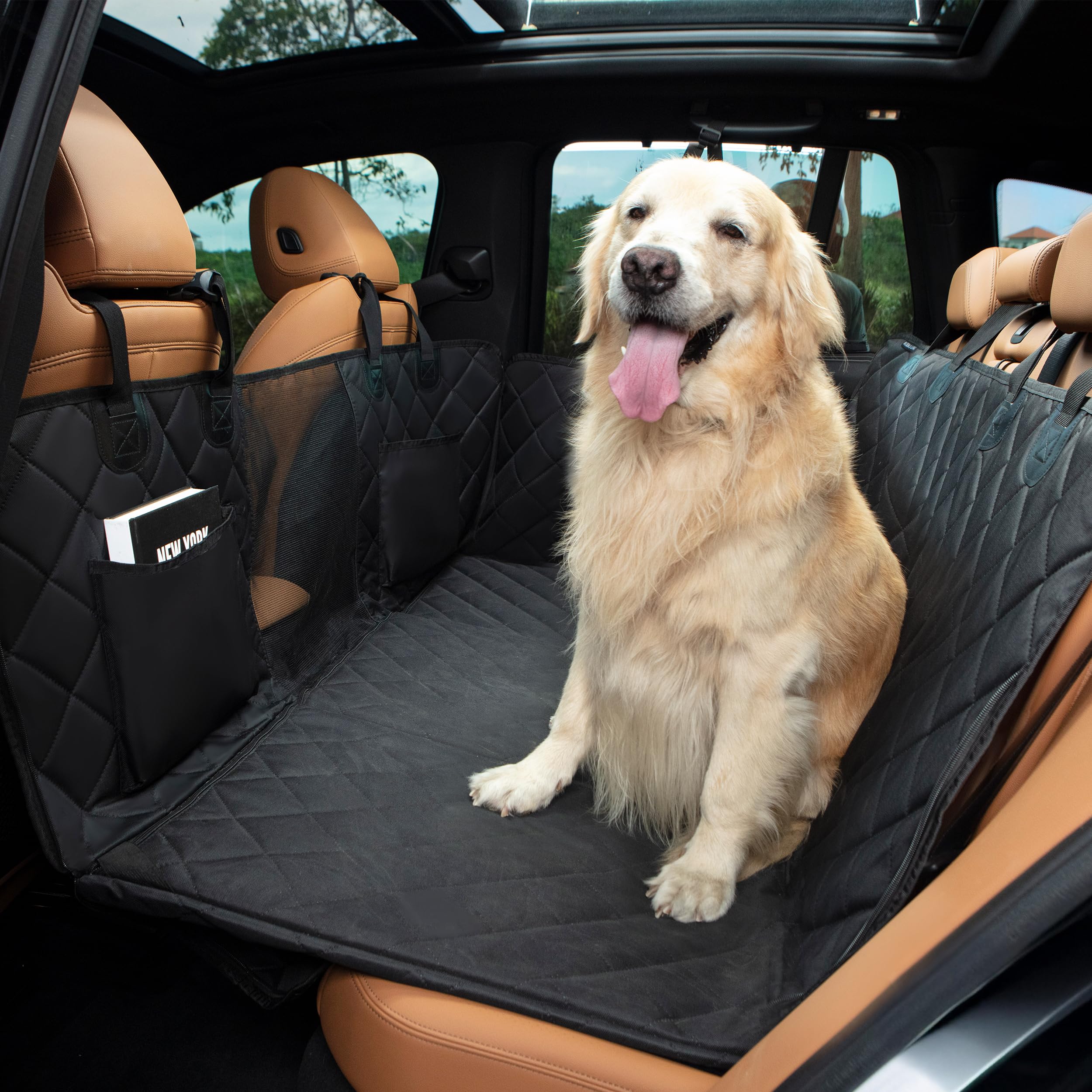 Dog Car Seat Cover for Back Seat, Hard Bottom Holds 500LBS, Back Seat Extender for Dogs for SUV, Car, Dog Seat Cover for Back Seat, Waterproof Backseat Pet Cover for Dogs, Mesh Window, Storage Pockets