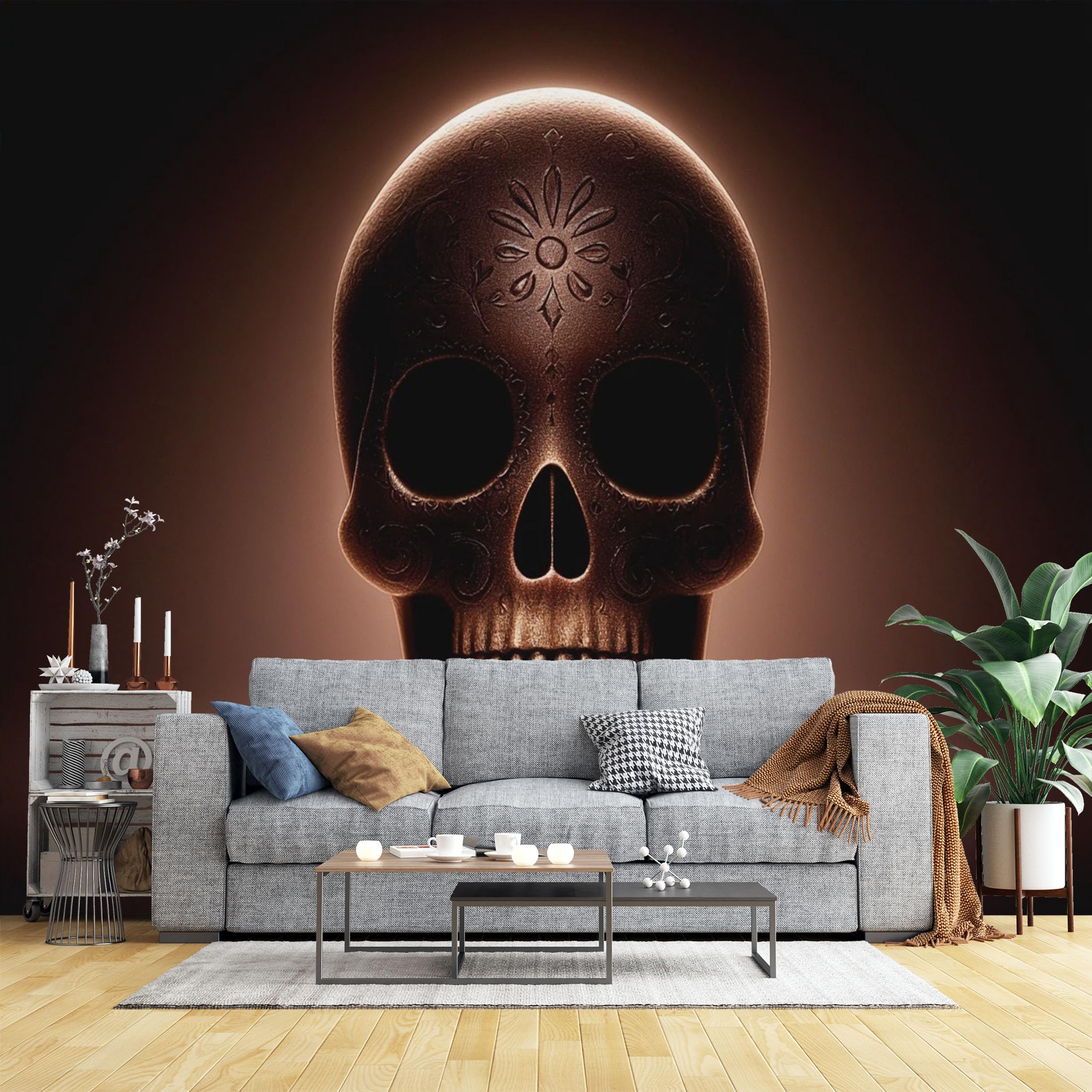 Custom Size Wall Murals Ornate Carved Skull on Dark Background Wall Murals Gothic Art Wallpaper, Realistic Self-Adhesive Removable Wallpaper for Bedroom