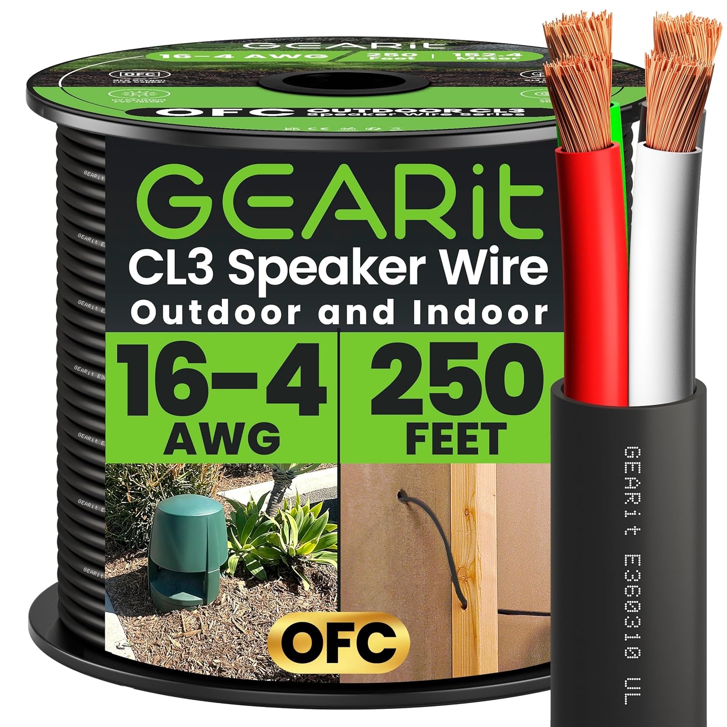 GEARit Speaker Wire 16 Gauge (250 Feet), Black Speaker Cable 16AWG, 4-Conductors, Speaker Wires for Car Audio and Outdoor Home Theater, CL3 Rated for Direct Burial/in-Wall Use, Oxygen-Free Copper