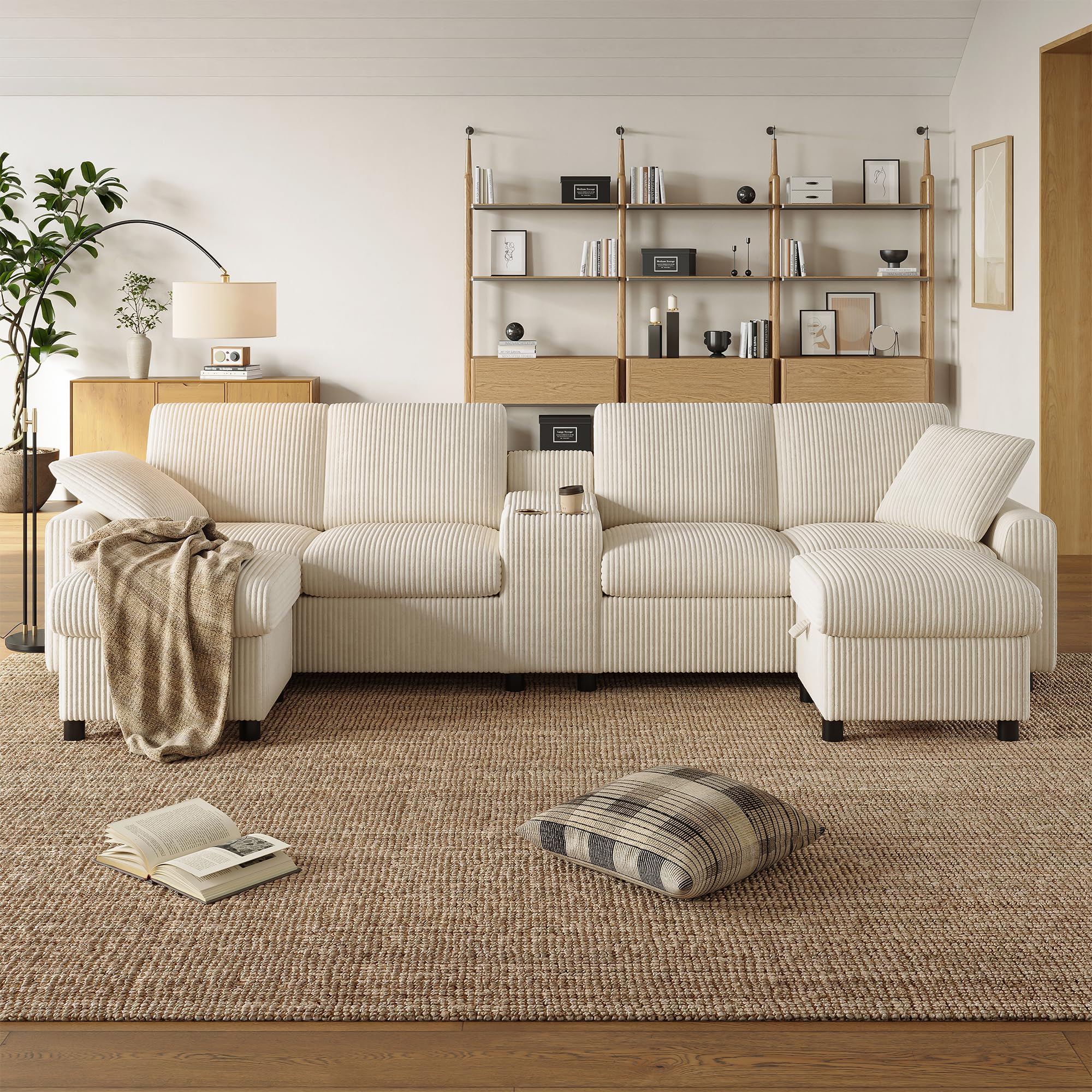 Divano a forma di U in Corduroy, beige, 140 x 320 cm, con 2 poggiapiedi con funzione di stoccaggio, tavolino da caffè, 2 portabevande
