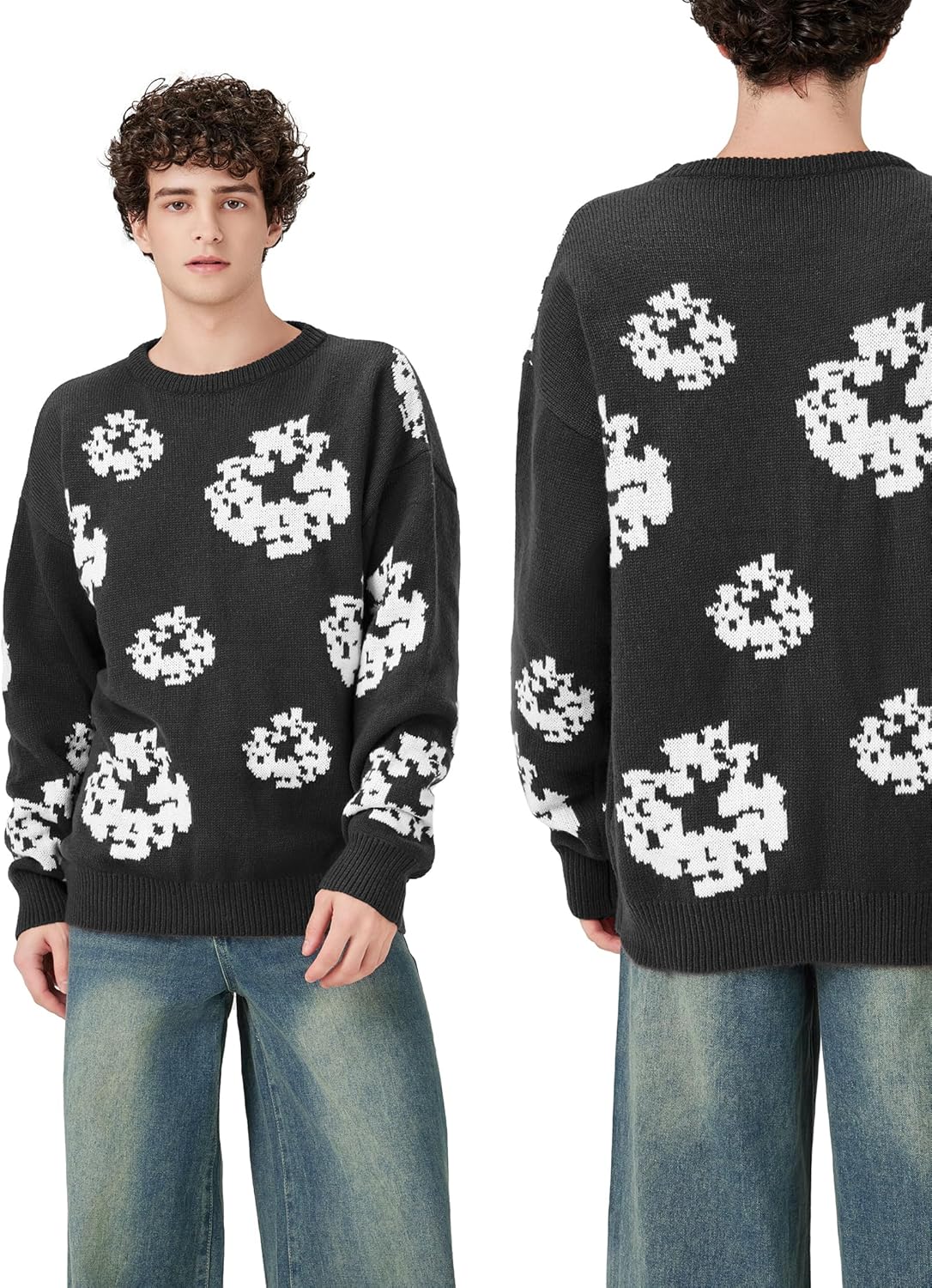 ZAFUL Oversized Mens Sweater Graphic Casual Crewneck Pullover for Y2K Vintage Streetwear Long Sleeve Aesthetic Knitwear - Image 2