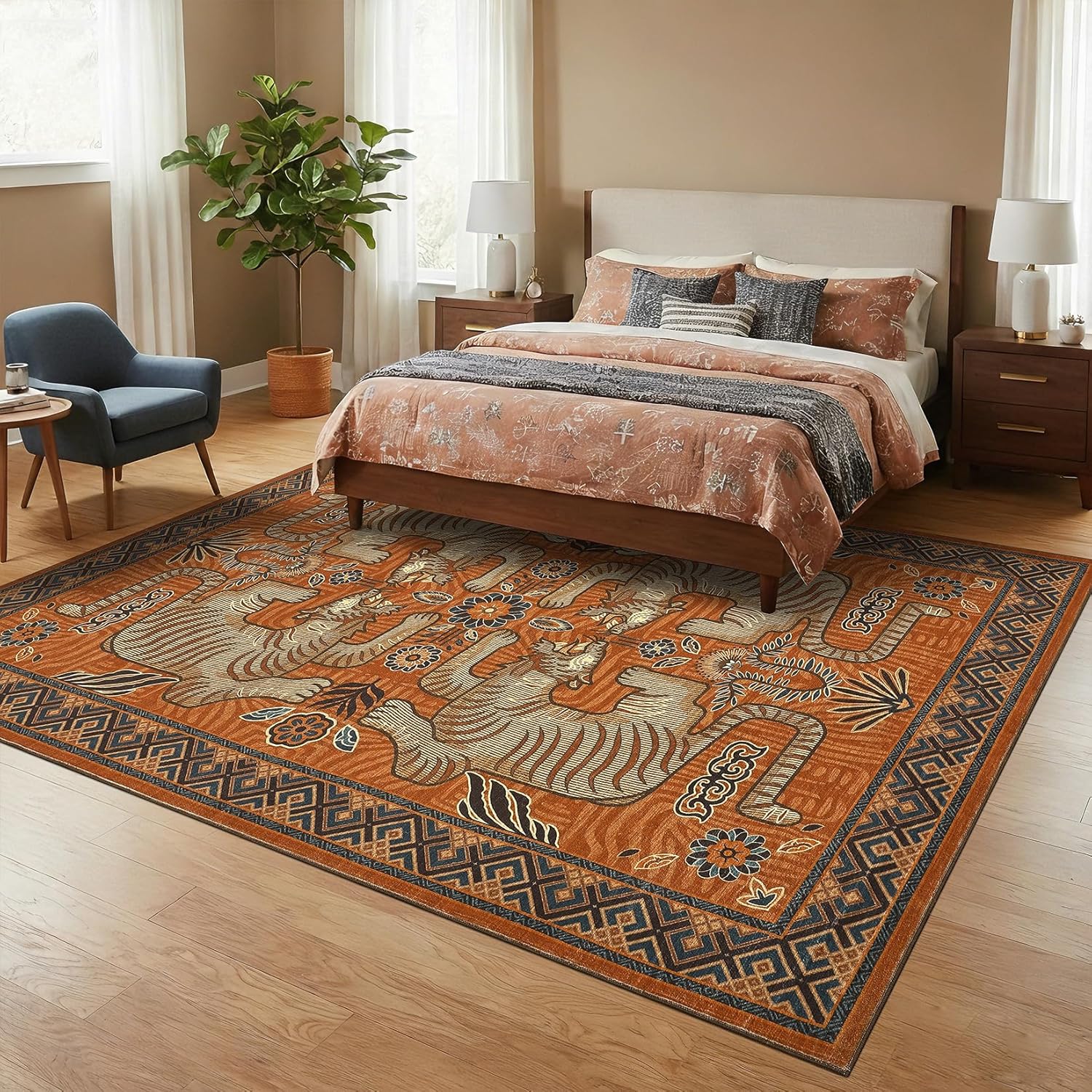 GarveeHome Tibetan Tiger 8x10 Washable Area Rugs for Living Room, Boho Tribal Terracotta Soft Animal Print Throw Rug Vintage Non Slip Ultra Thin Stain Resistant Floor Carpet for Office Bedroom