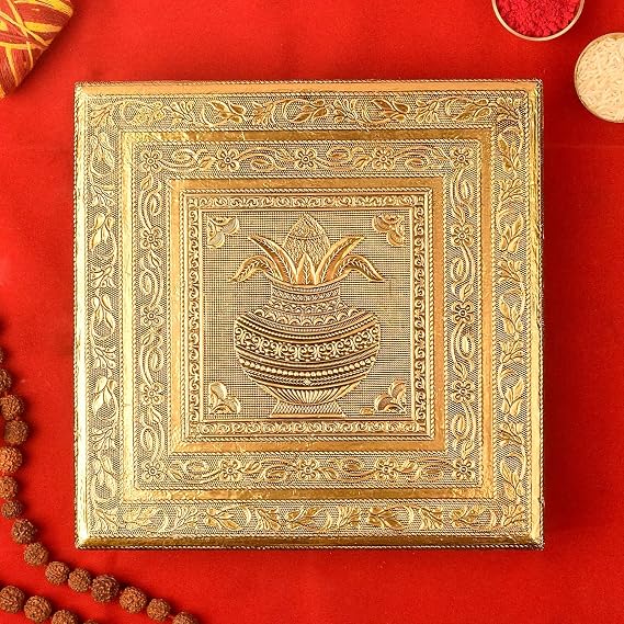 SATVIK 8X8 Inch Puja Choki | Meenakari Chowki for Pooja Table with Kalash Design Murti Statue Choki Mandir Temple Wedding Bajot Stool Stand Home Decor Pooja Festival Gift Items (SIZE 1 (8 INCH))