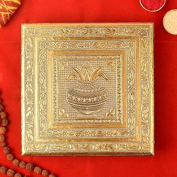 SATVIK 8X8 Inch Puja Choki | Meenakari Chowki for Pooja Table with Kalash Design Murti Statue Choki Mandir Temple Wedding Bajot Stool Stand Home Decor Pooja Festival Gift Items (SIZE 1 (8 INCH))